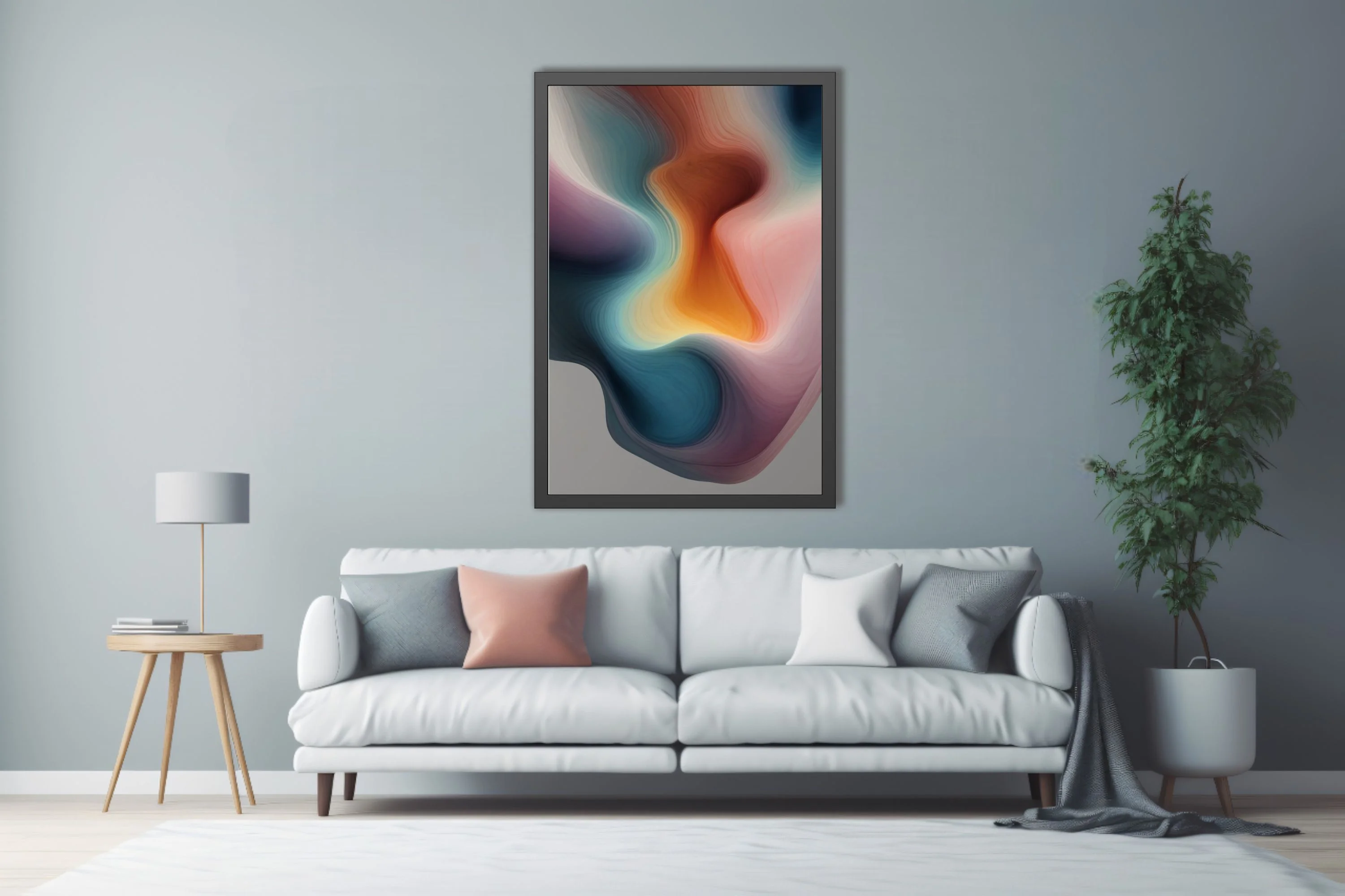 Abstract fluid art with teal, amber, and rose layered contour forms