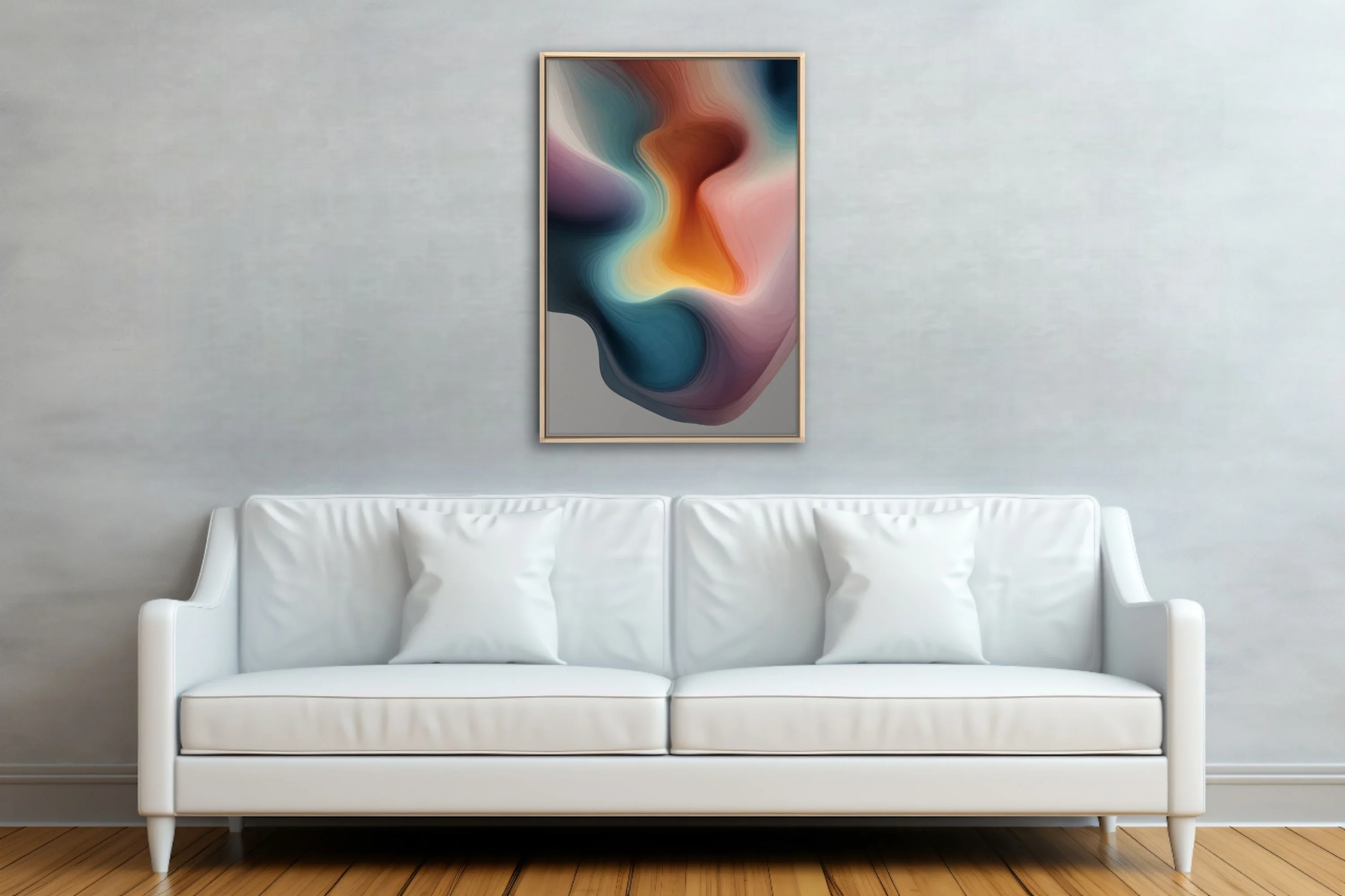 Abstract fluid art with teal, amber, and rose layered contour forms