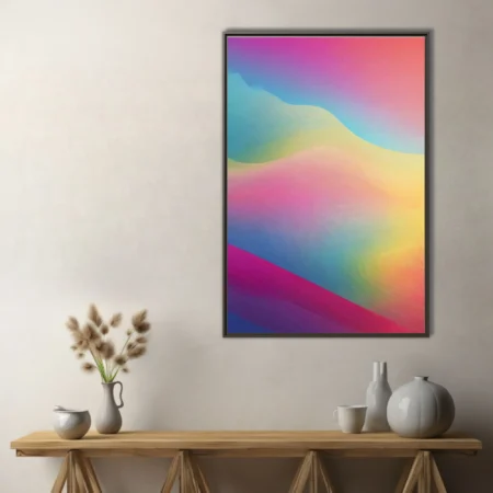 Holographic abstract gradient art with fluid rainbow color waves in pink, blue, and yellow