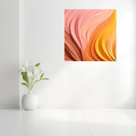 Abstract sculptural wave art in warm pink orange and yellow gradient tones
