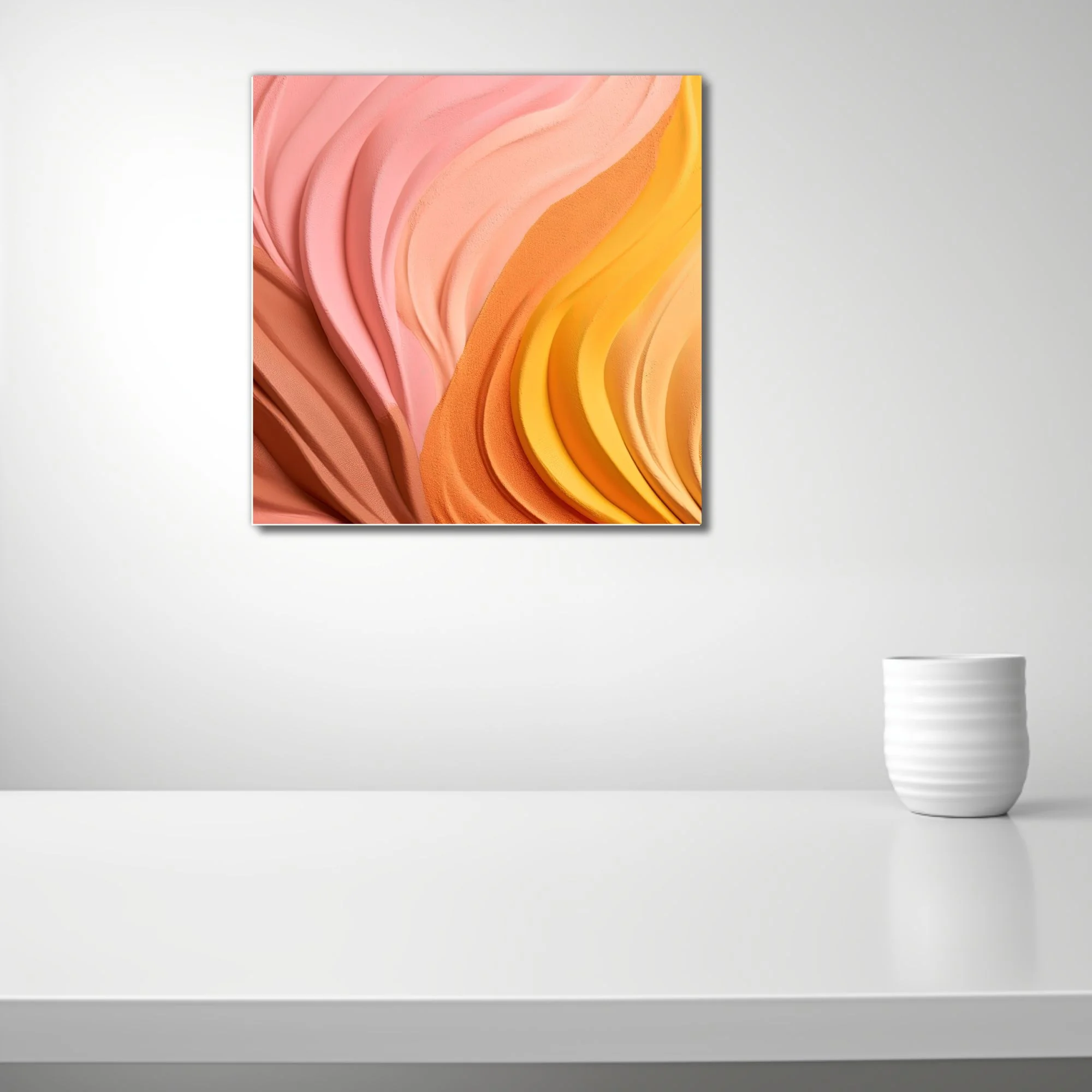 Abstract sculptural wave art in warm pink orange and yellow gradient tones