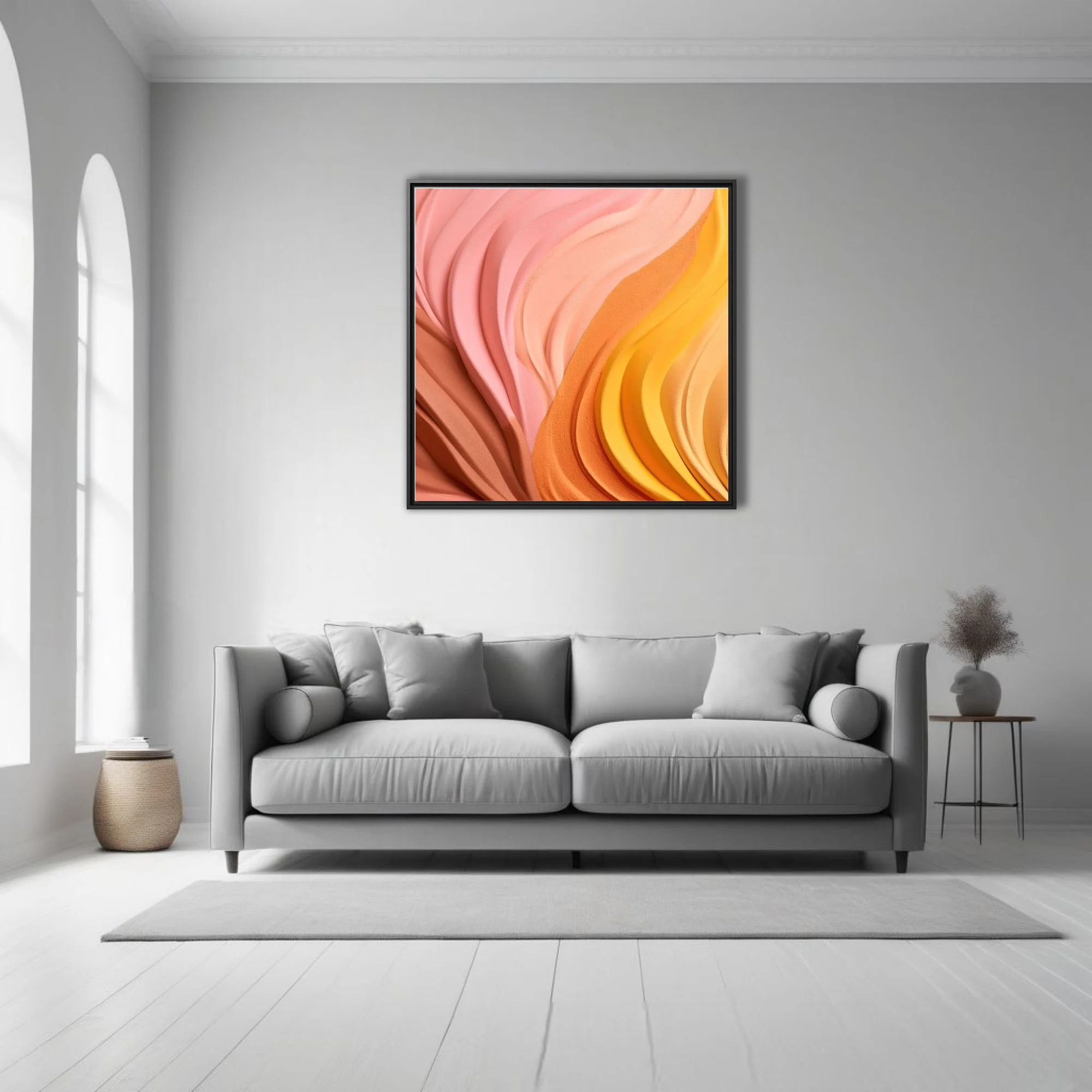 Abstract sculptural wave art in warm pink orange and yellow gradient tones