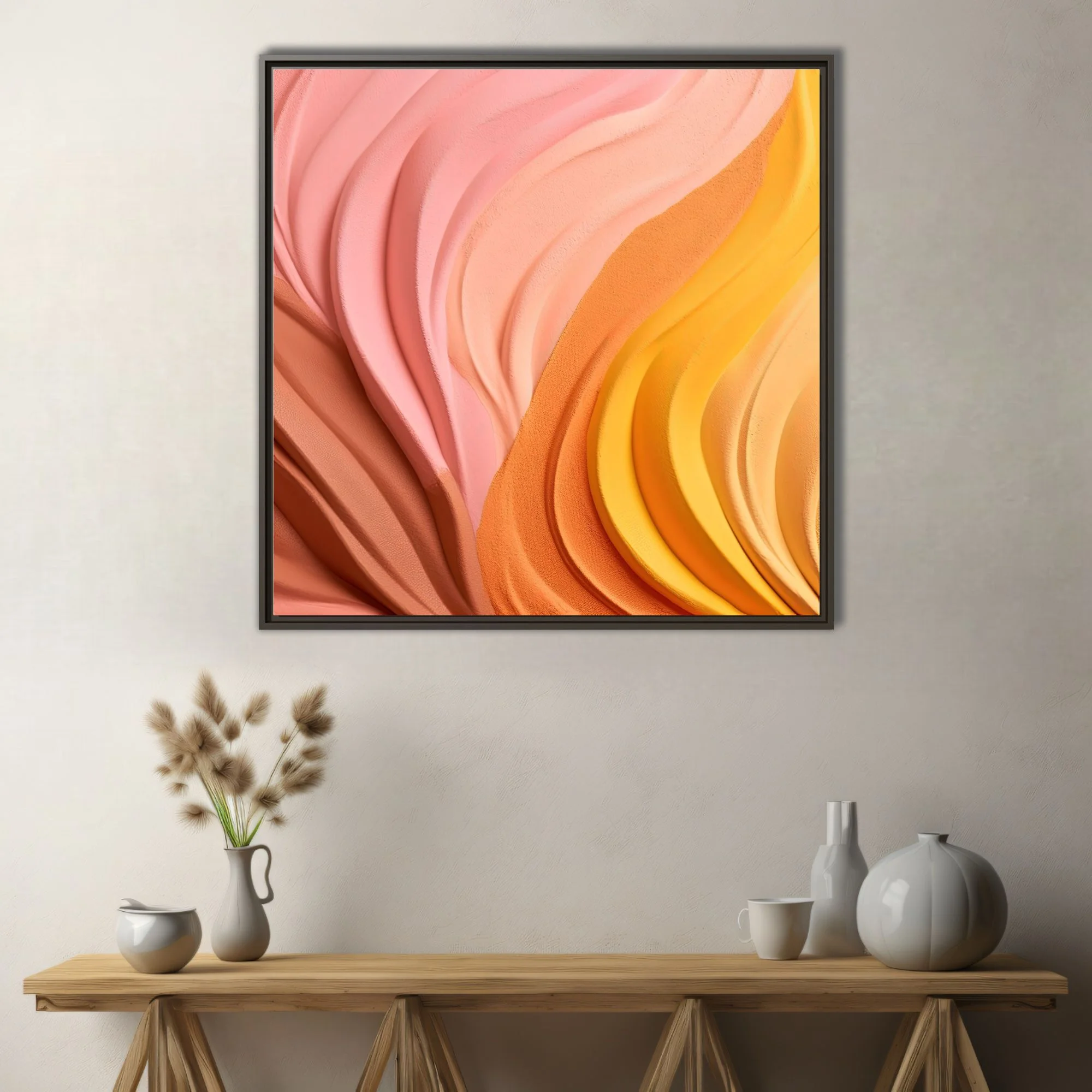 Abstract sculptural wave art in warm pink orange and yellow gradient tones