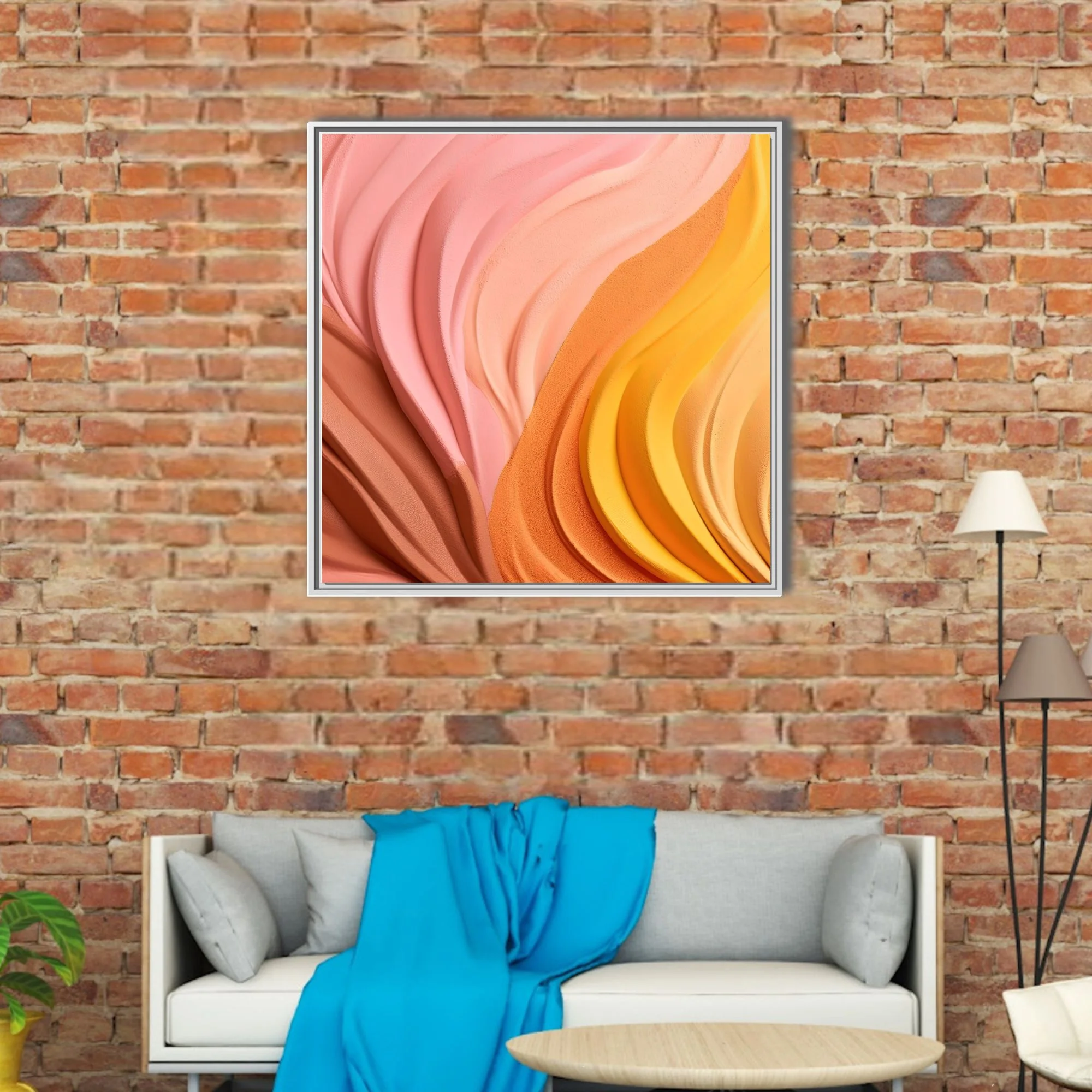 Abstract sculptural wave art in warm pink orange and yellow gradient tones