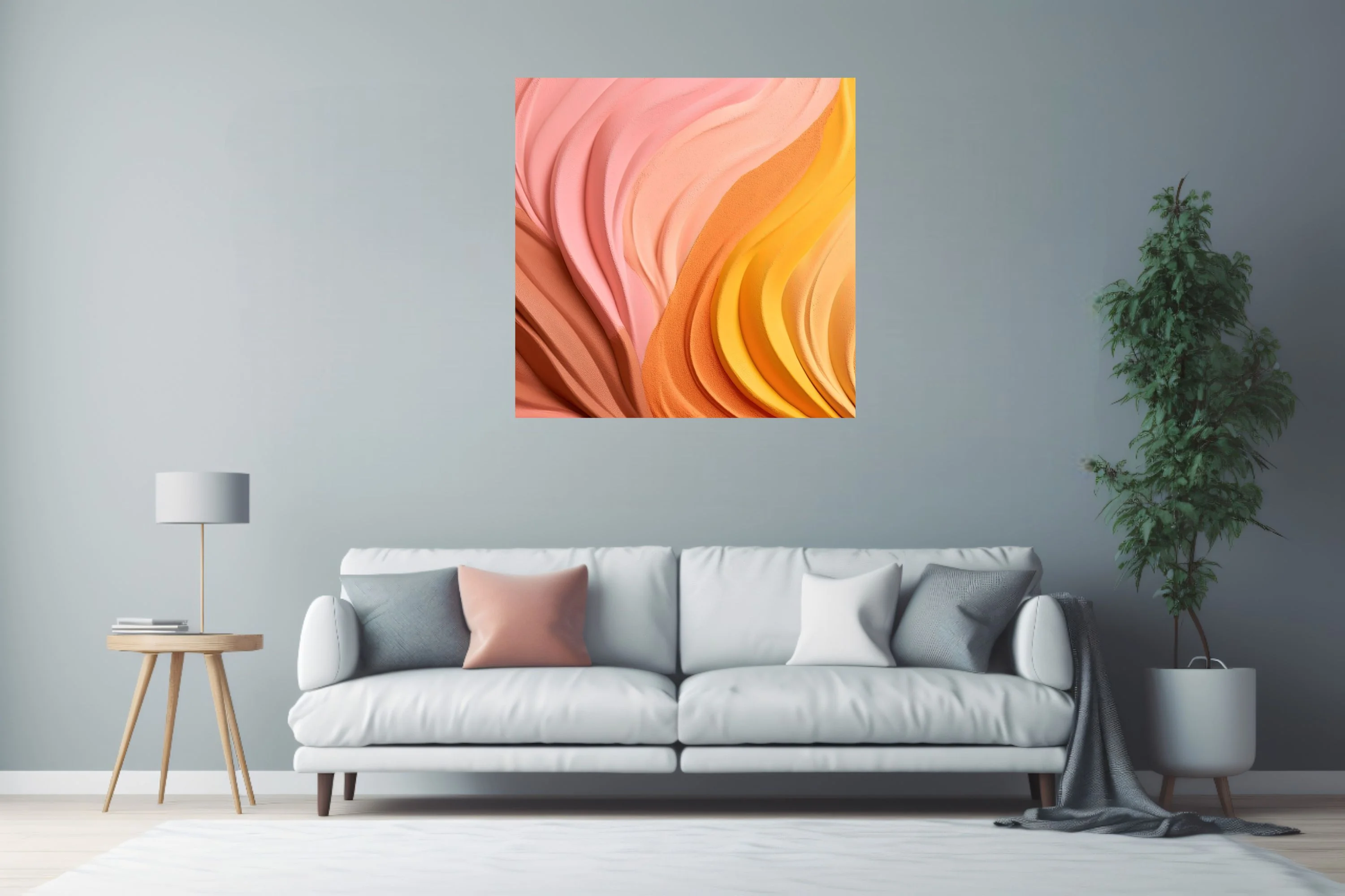 Abstract sculptural wave art in warm pink orange and yellow gradient tones