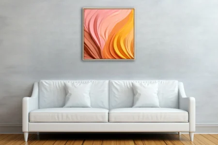 Abstract sculptural wave art in warm pink orange and yellow gradient tones
