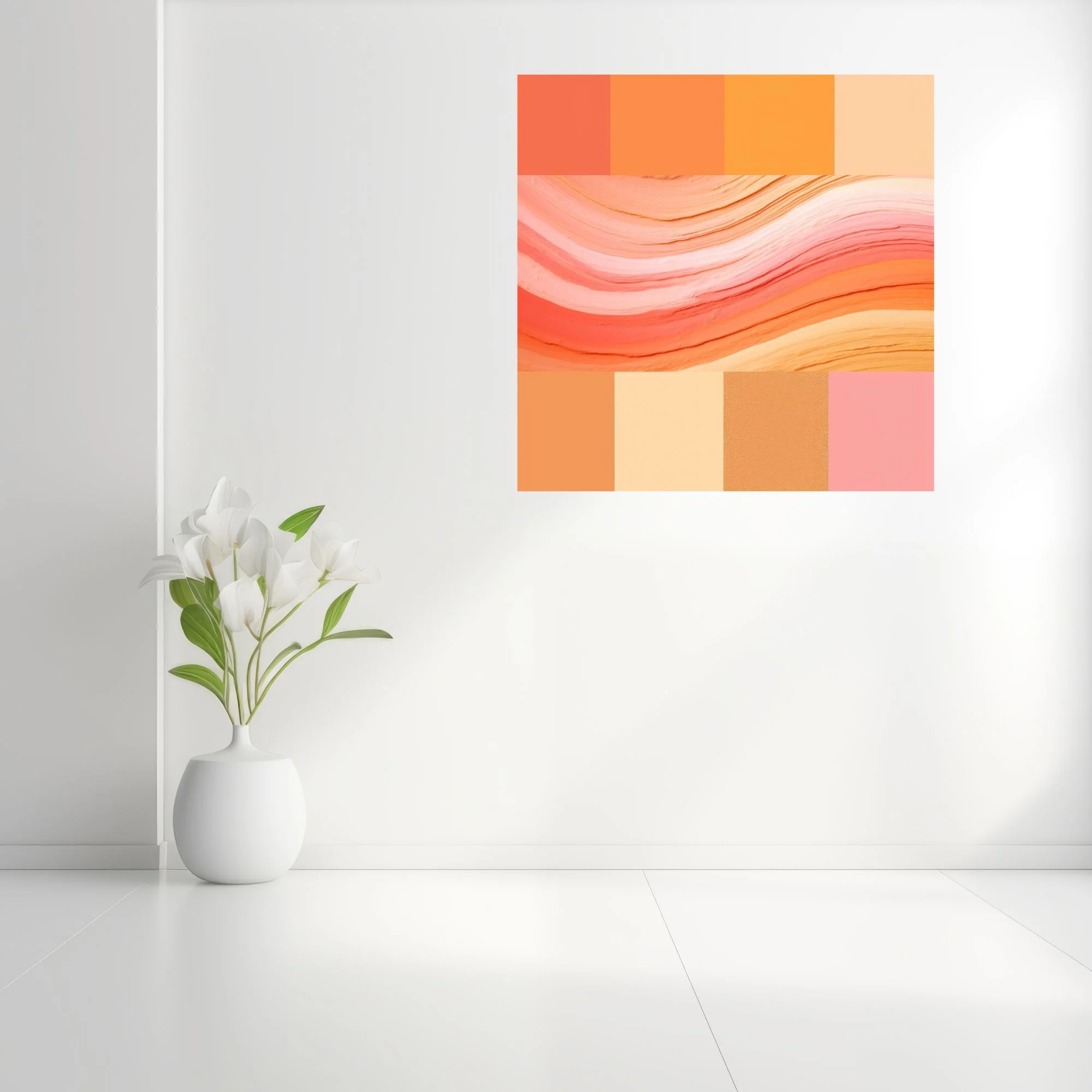Abstract gradient palette in coral, amber, peach and blush with painterly wave textures