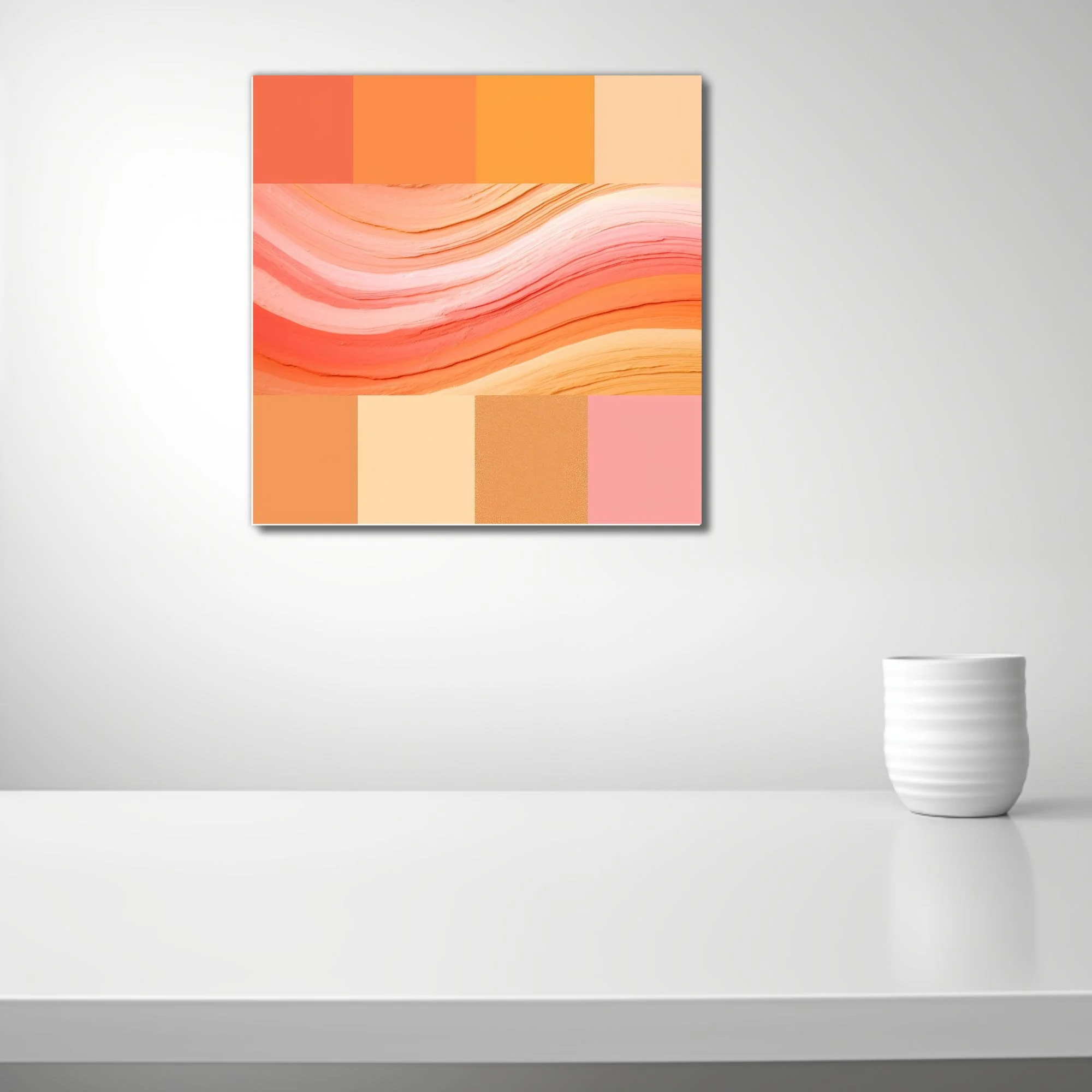 Abstract gradient palette in coral, amber, peach and blush with painterly wave textures