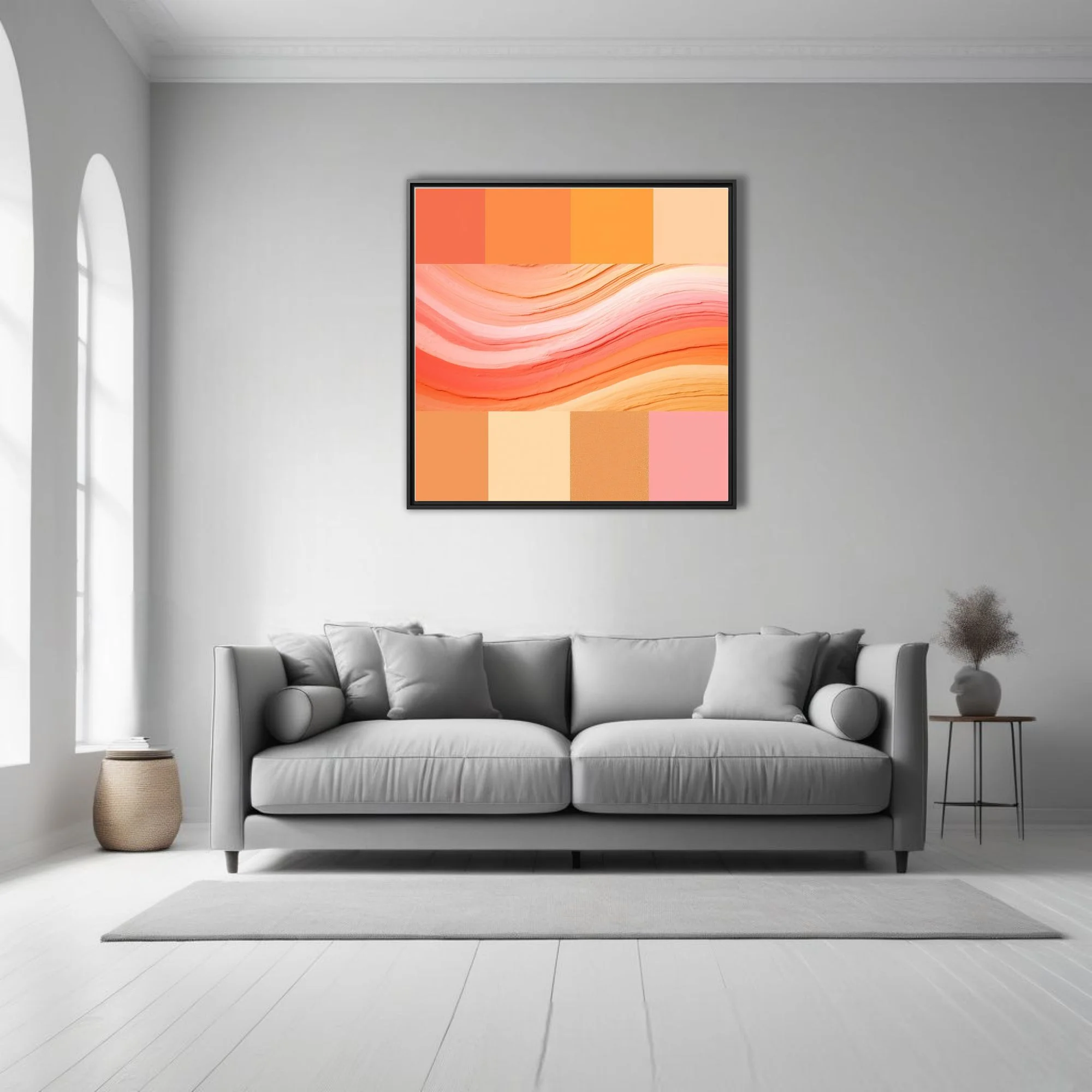 Abstract gradient palette in coral, amber, peach and blush with painterly wave textures