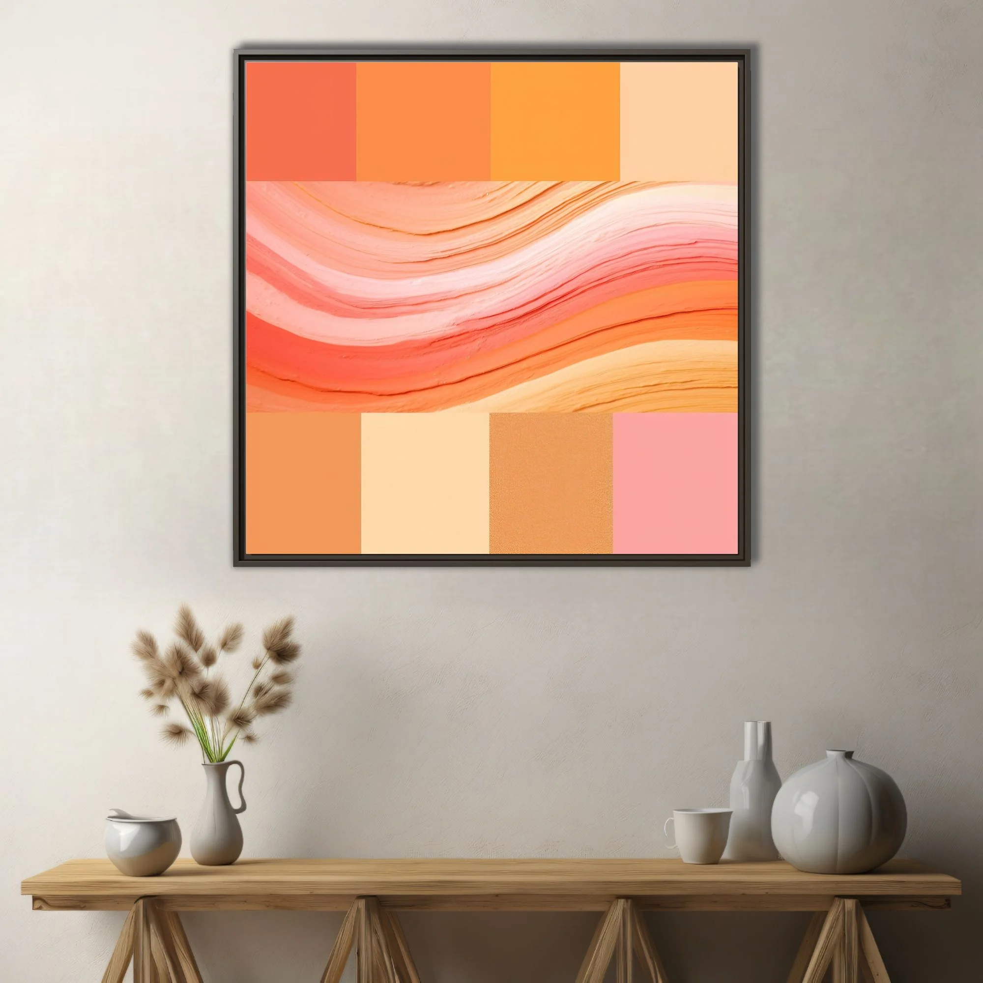 Abstract gradient palette in coral, amber, peach and blush with painterly wave textures