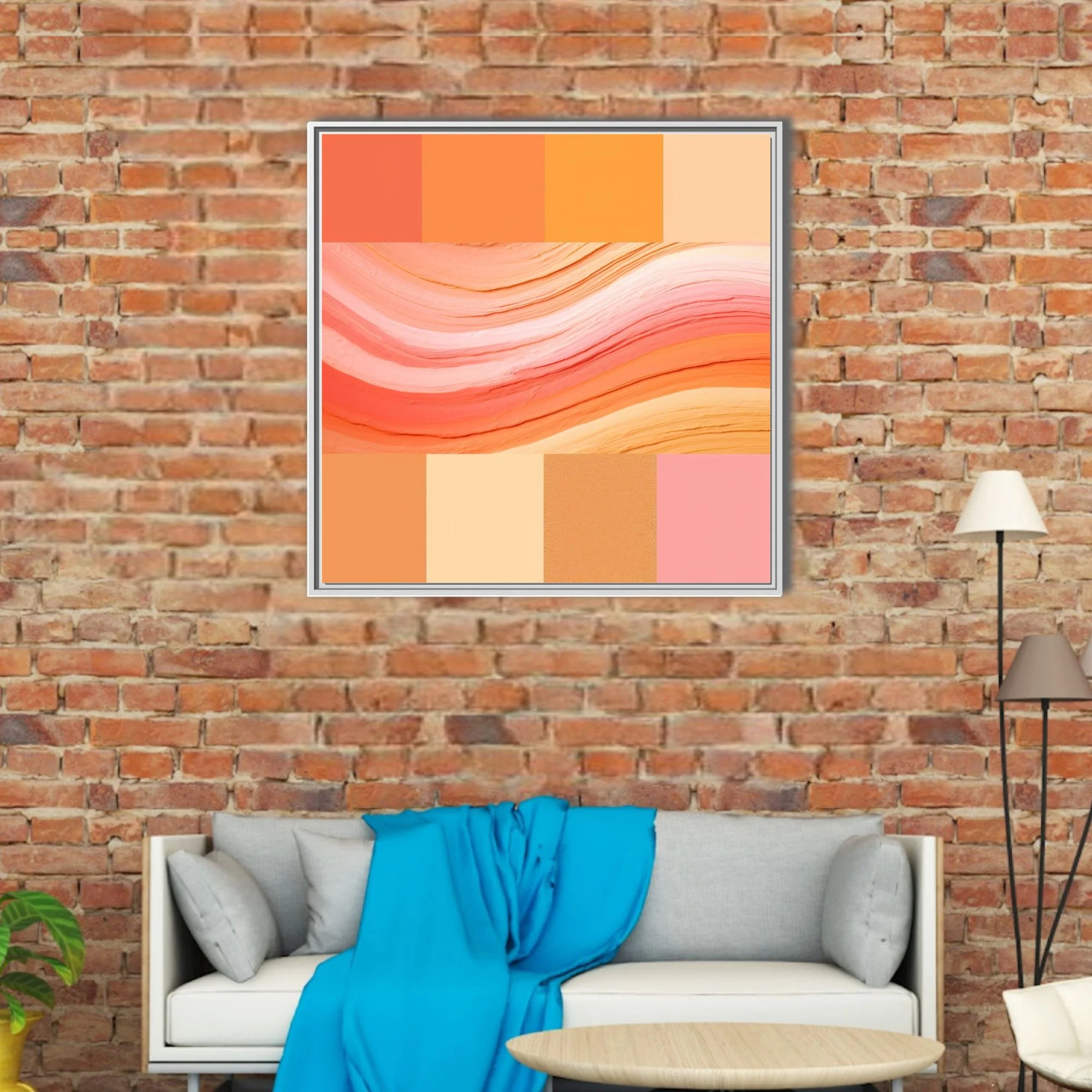 Abstract gradient palette in coral, amber, peach and blush with painterly wave textures