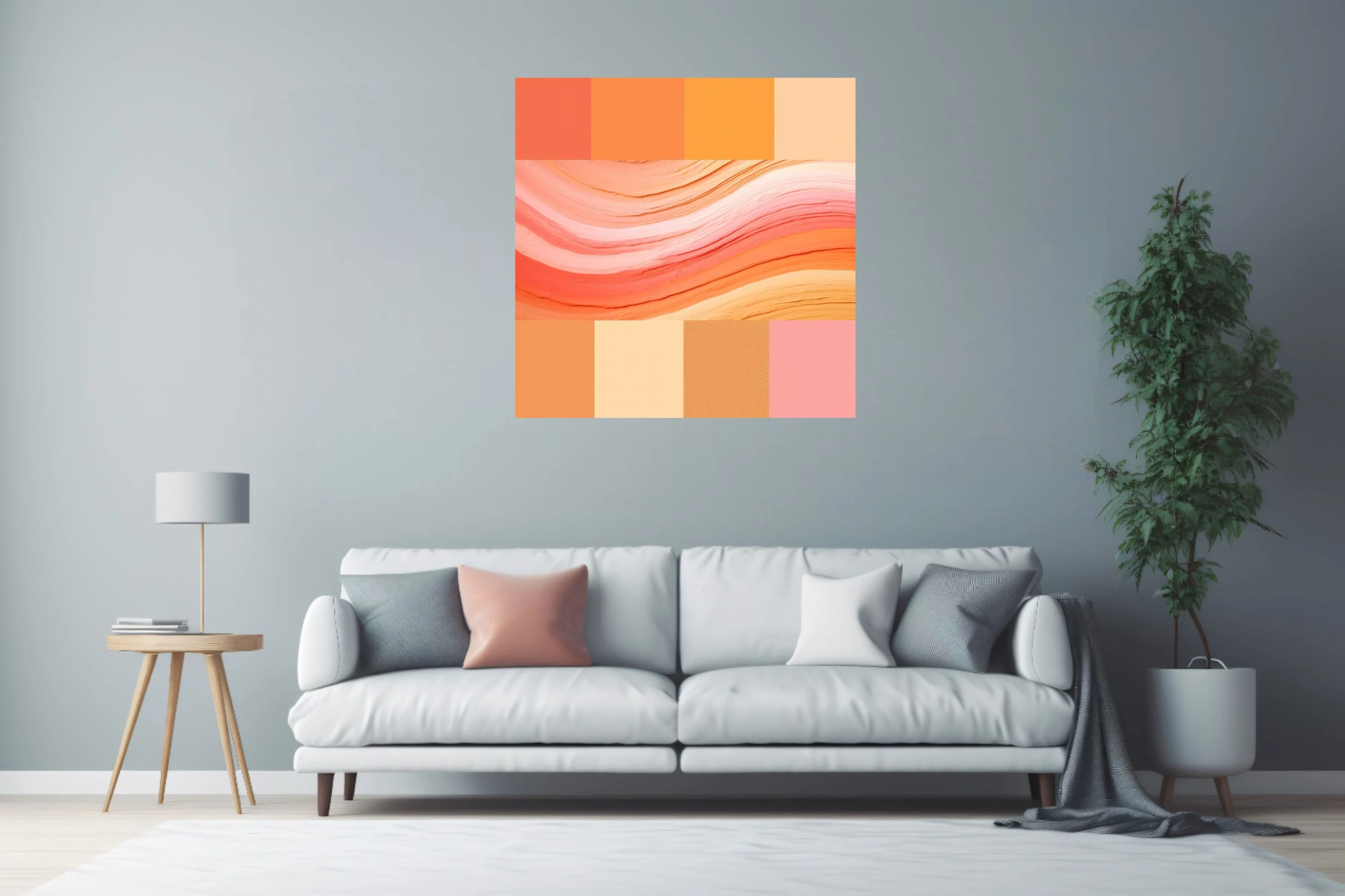 Abstract gradient palette in coral, amber, peach and blush with painterly wave textures