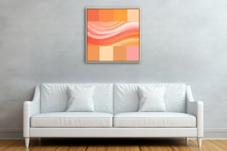Abstract gradient palette in coral, amber, peach and blush with painterly wave textures