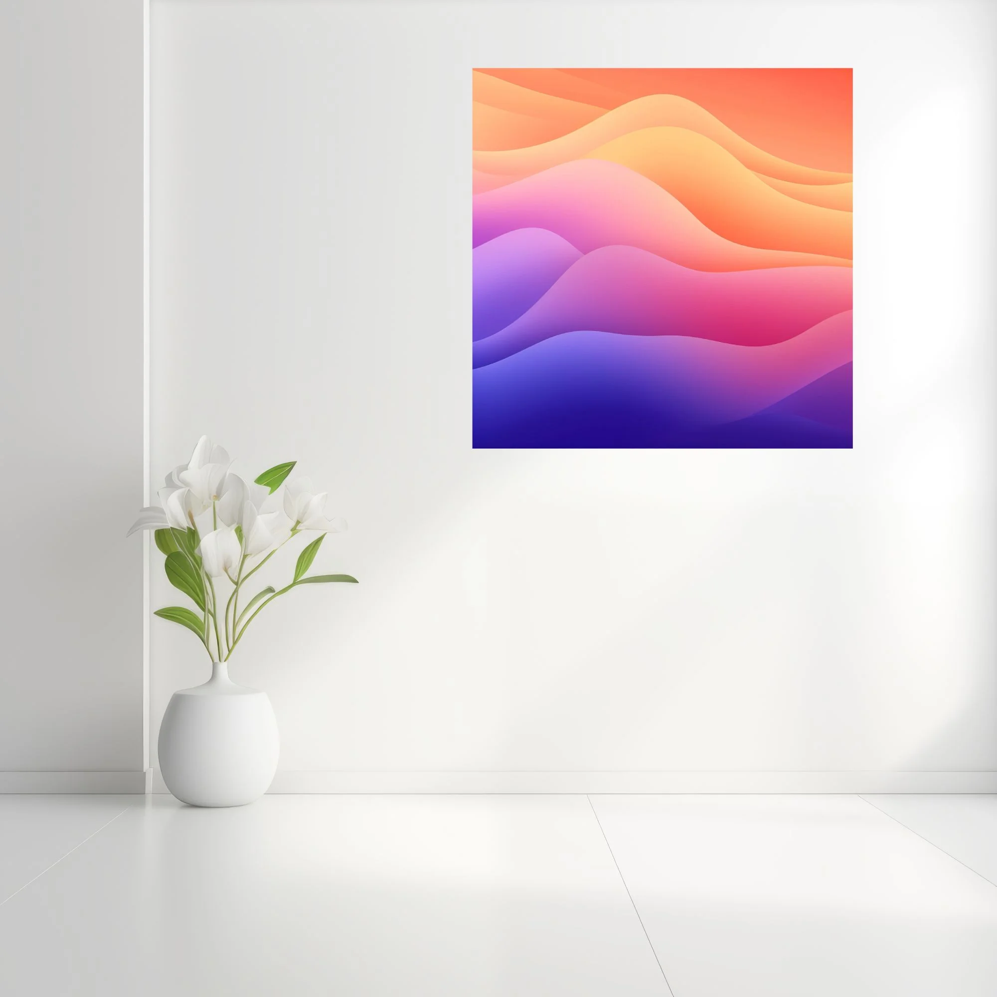 Abstract gradient wave art in coral, pink, purple, and blue smooth layered bands
