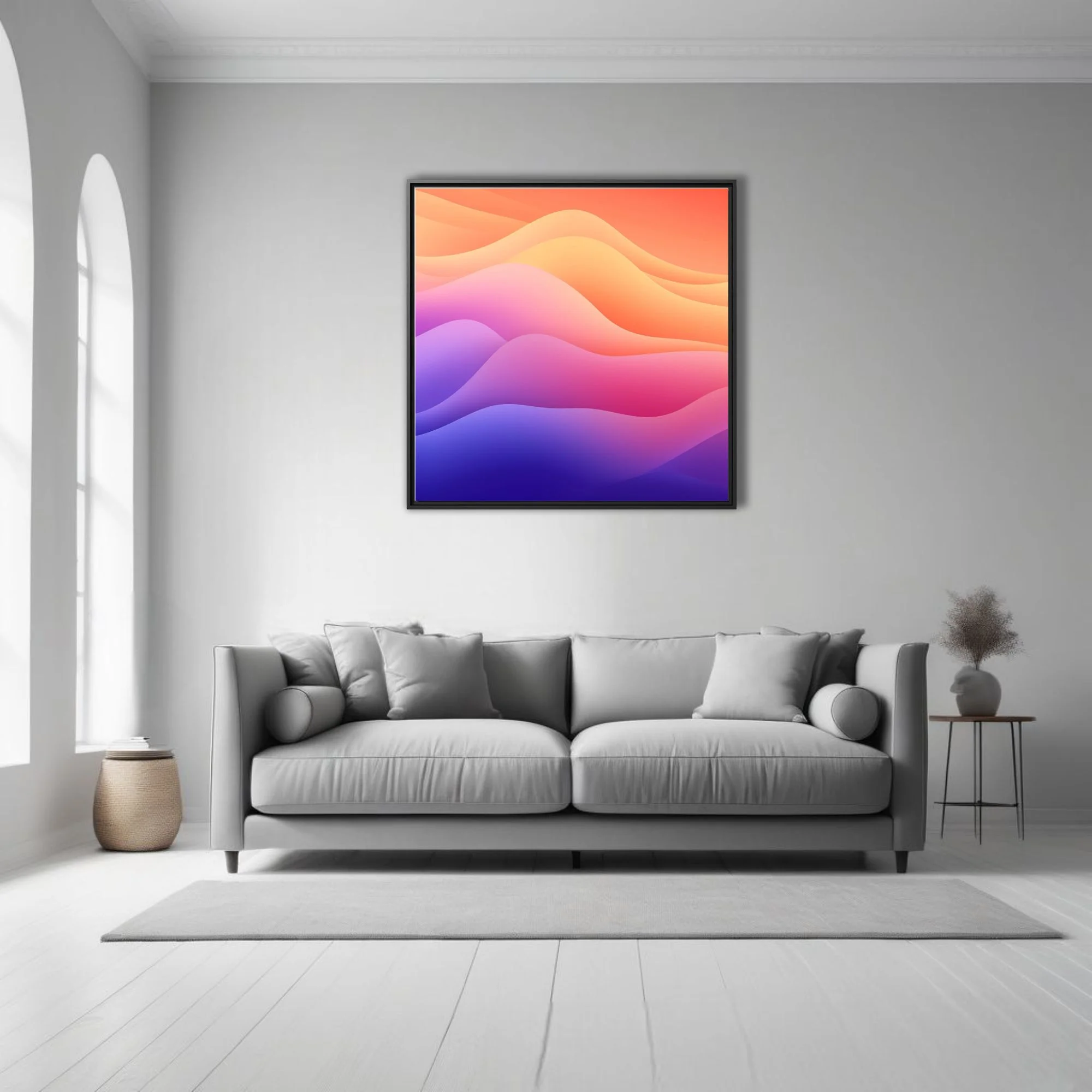 Abstract gradient wave art in coral, pink, purple, and blue smooth layered bands