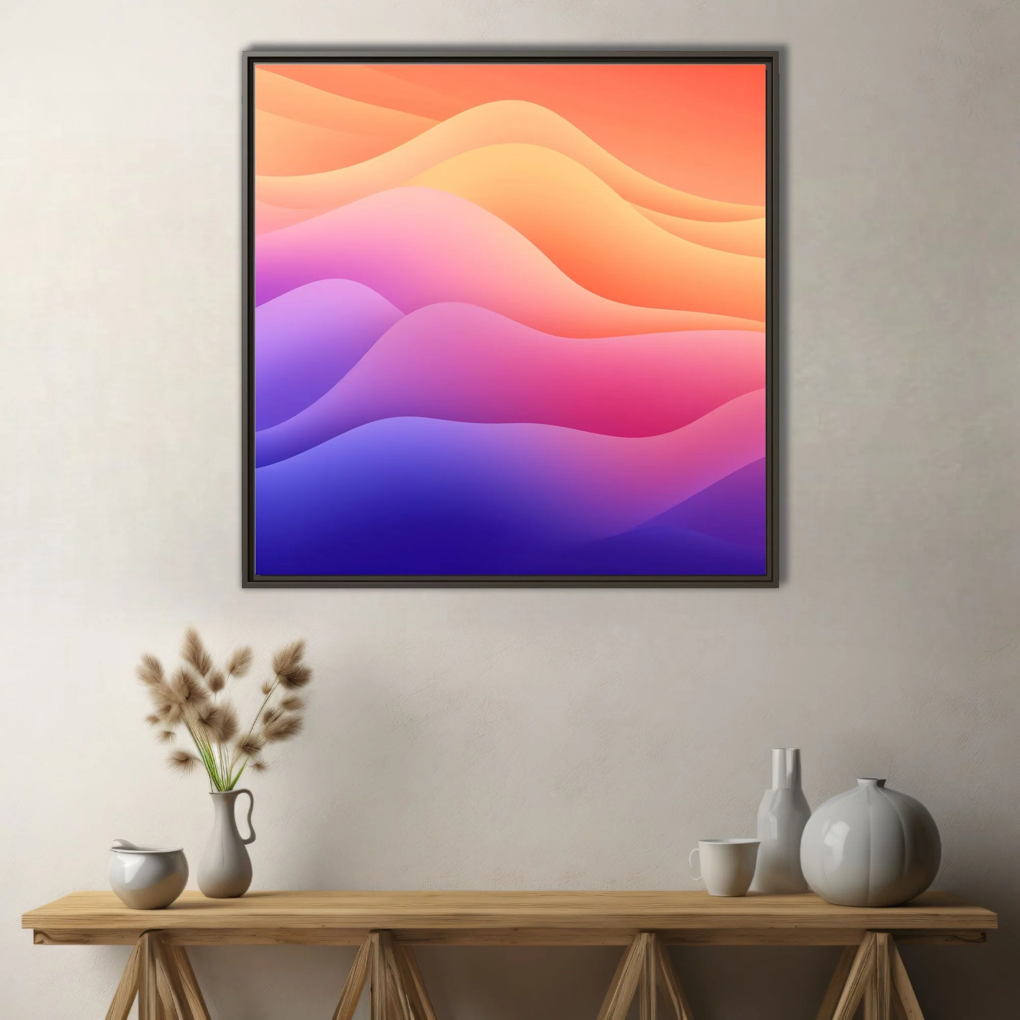 Abstract gradient wave art in coral, pink, purple, and blue smooth layered bands