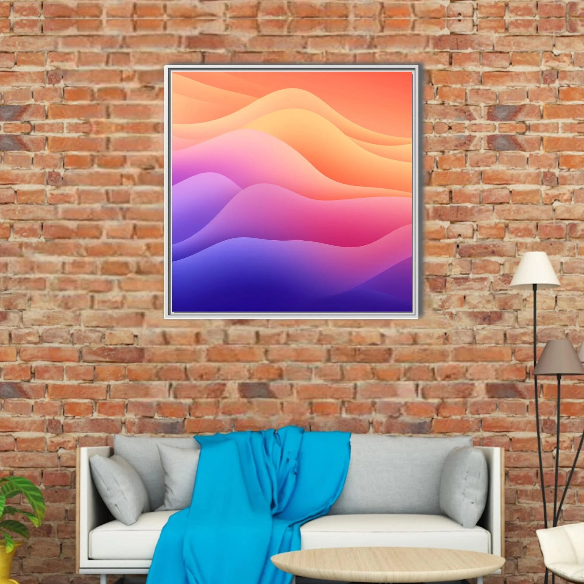 Abstract gradient wave art in coral, pink, purple, and blue smooth layered bands