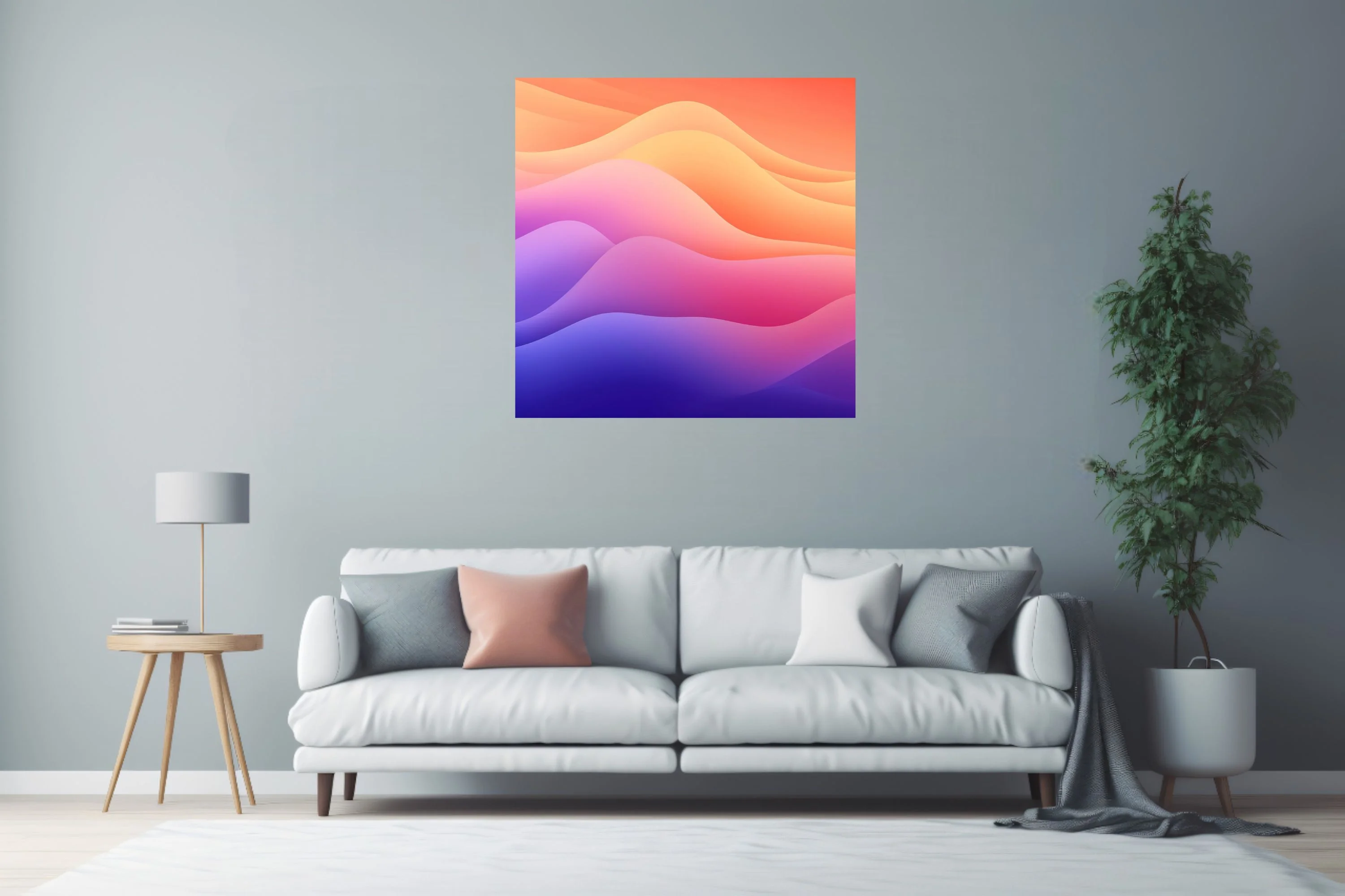 Abstract gradient wave art in coral, pink, purple, and blue smooth layered bands