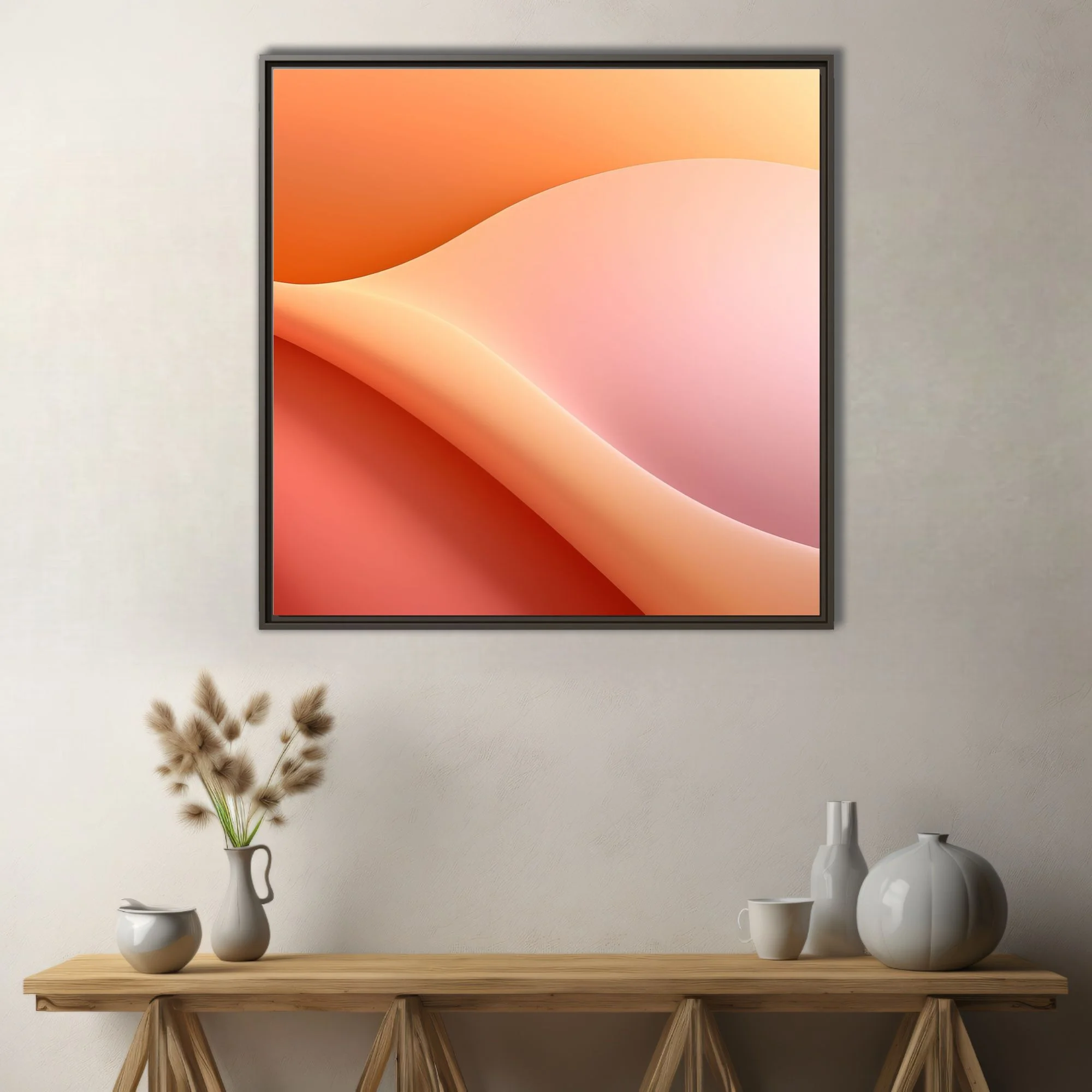 Minimalist abstract gradient wall art in warm peach, blush, and coral tones