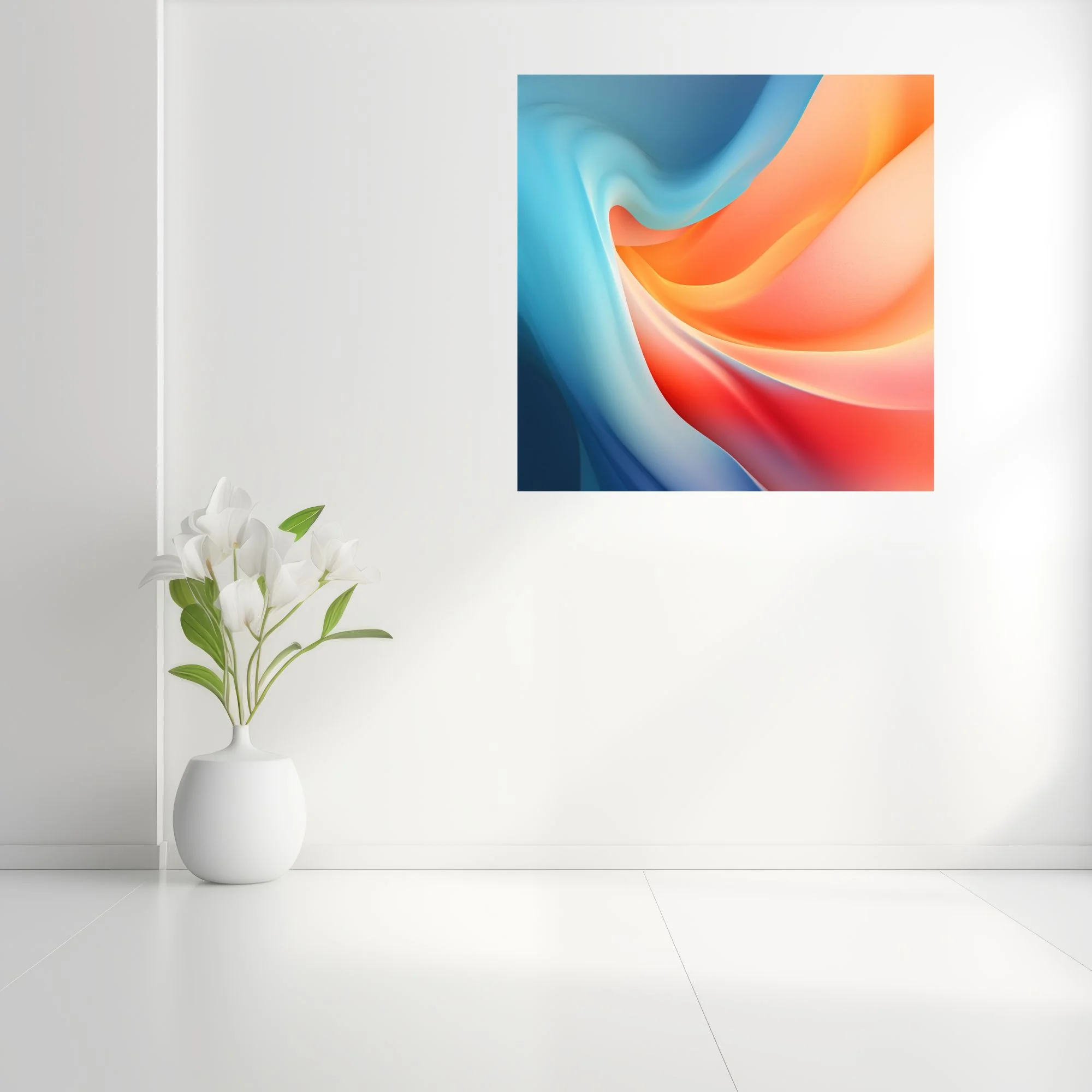Abstract fluid gradient artwork in coral, orange, and sky-blue swirling forms