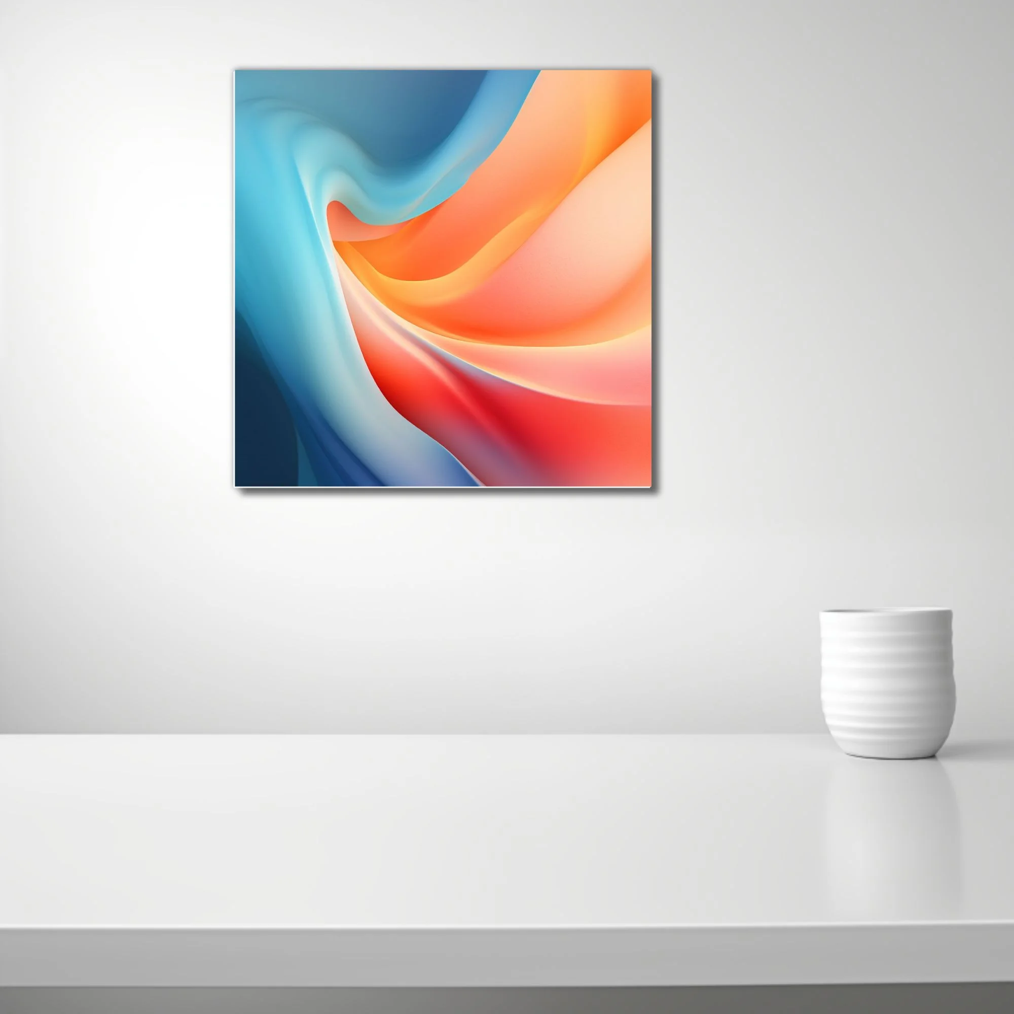 Abstract fluid gradient artwork in coral, orange, and sky-blue swirling forms