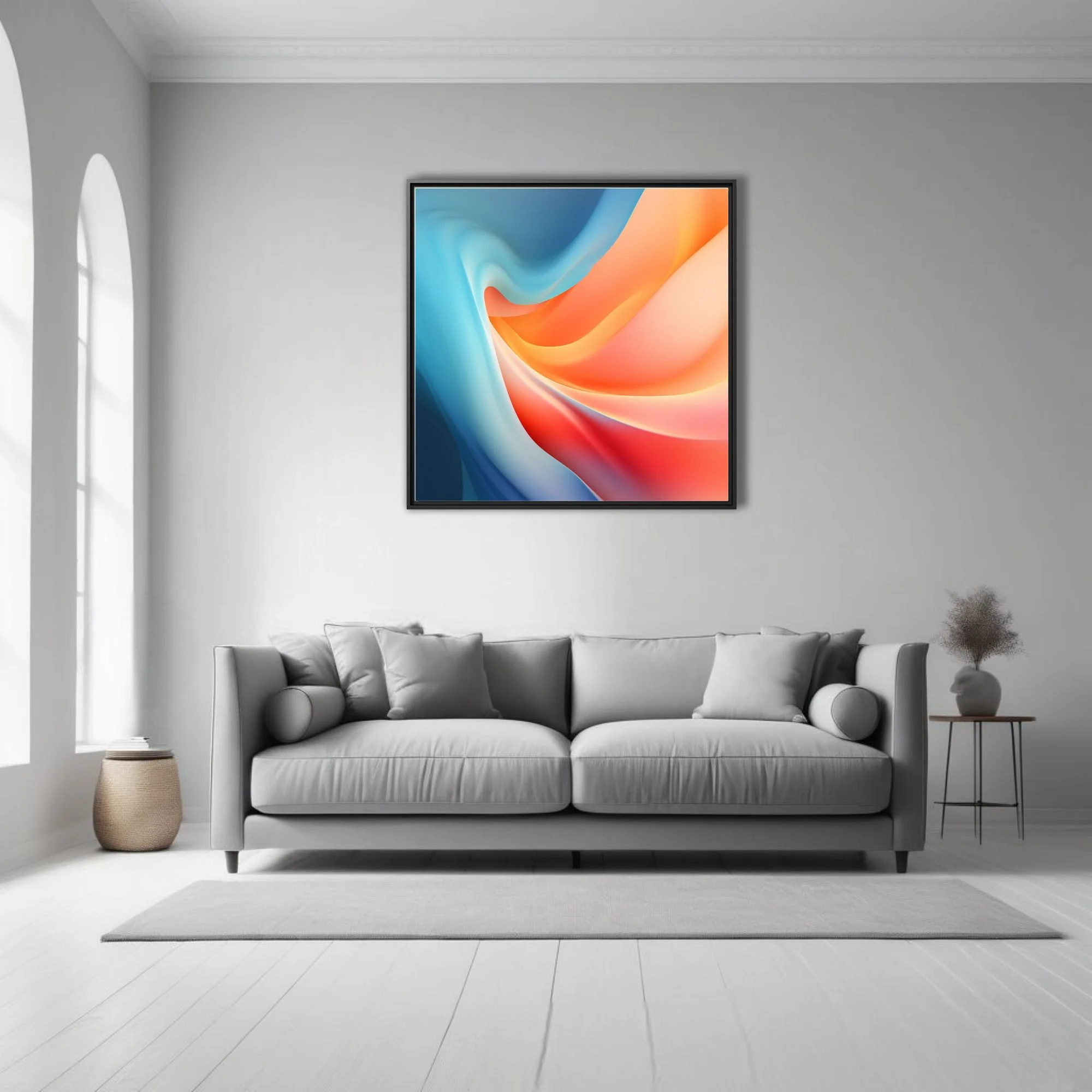Abstract fluid gradient artwork in coral, orange, and sky-blue swirling forms