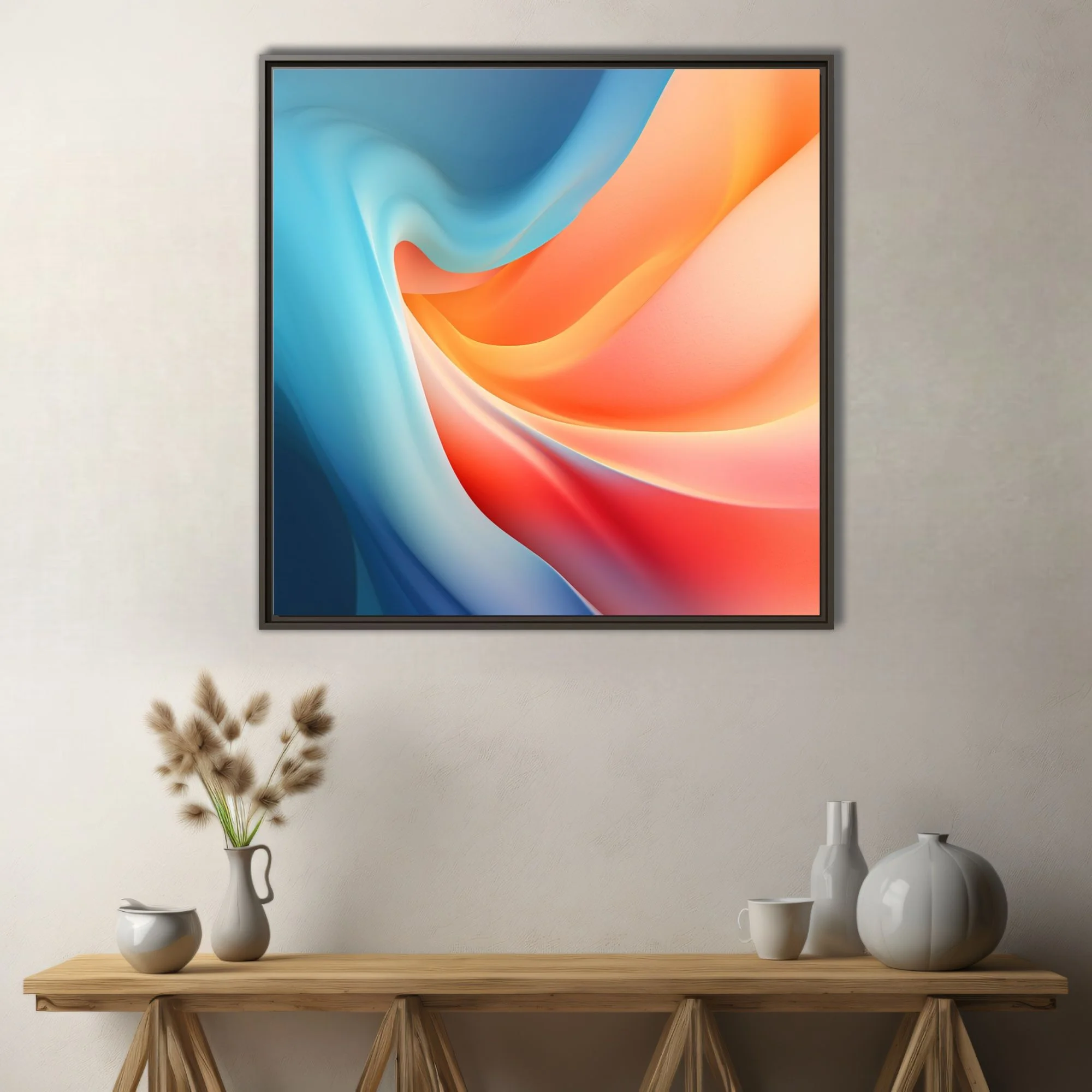 Abstract fluid gradient artwork in coral, orange, and sky-blue swirling forms