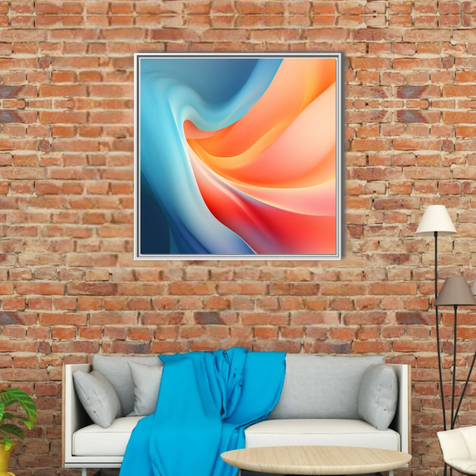 Abstract fluid gradient artwork in coral, orange, and sky-blue swirling forms