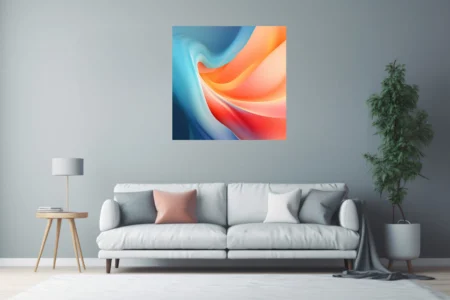 Abstract fluid gradient artwork in coral, orange, and sky-blue swirling forms