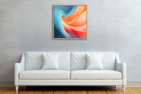 Abstract fluid gradient artwork in coral, orange, and sky-blue swirling forms