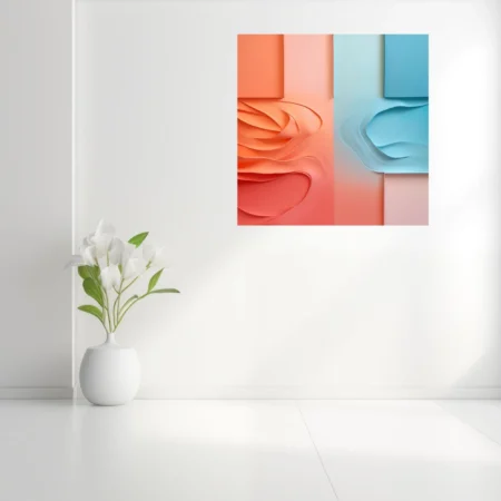 Abstract paper sculpture art coral orange and sky blue layered wave relief