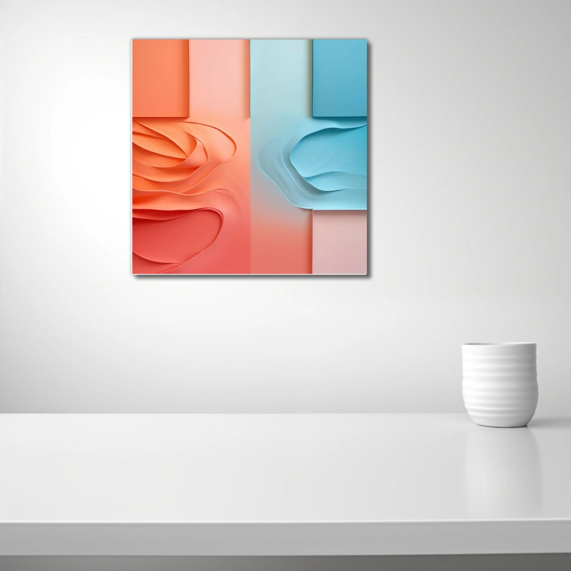 Abstract paper sculpture art coral orange and sky blue layered wave relief