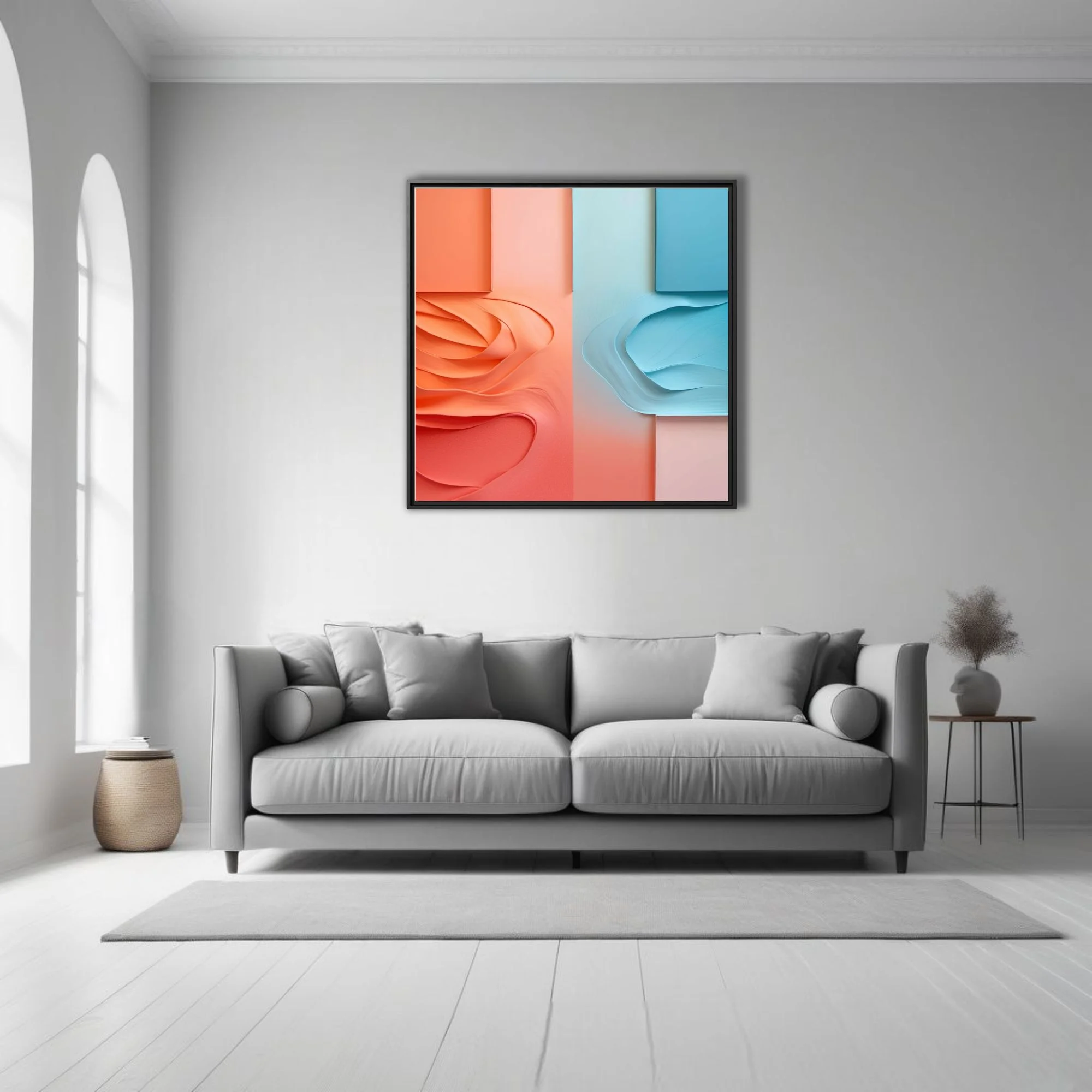 Abstract paper sculpture art coral orange and sky blue layered wave relief