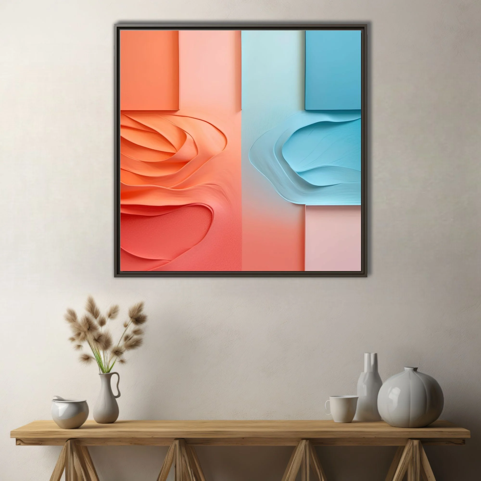 Abstract paper sculpture art coral orange and sky blue layered wave relief
