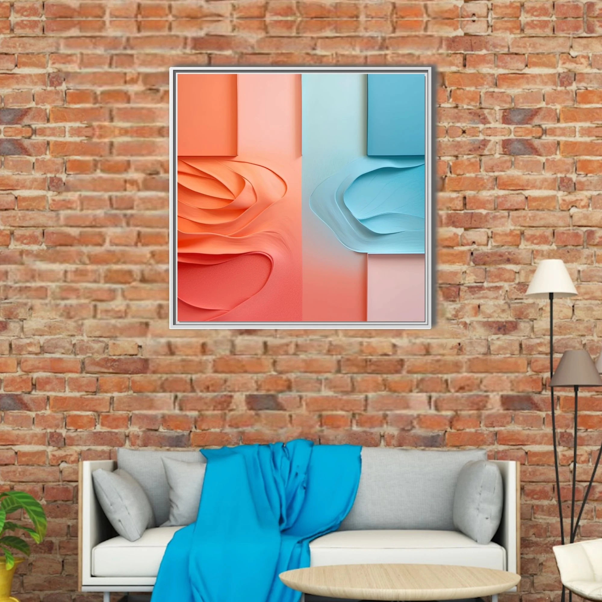 Abstract paper sculpture art coral orange and sky blue layered wave relief