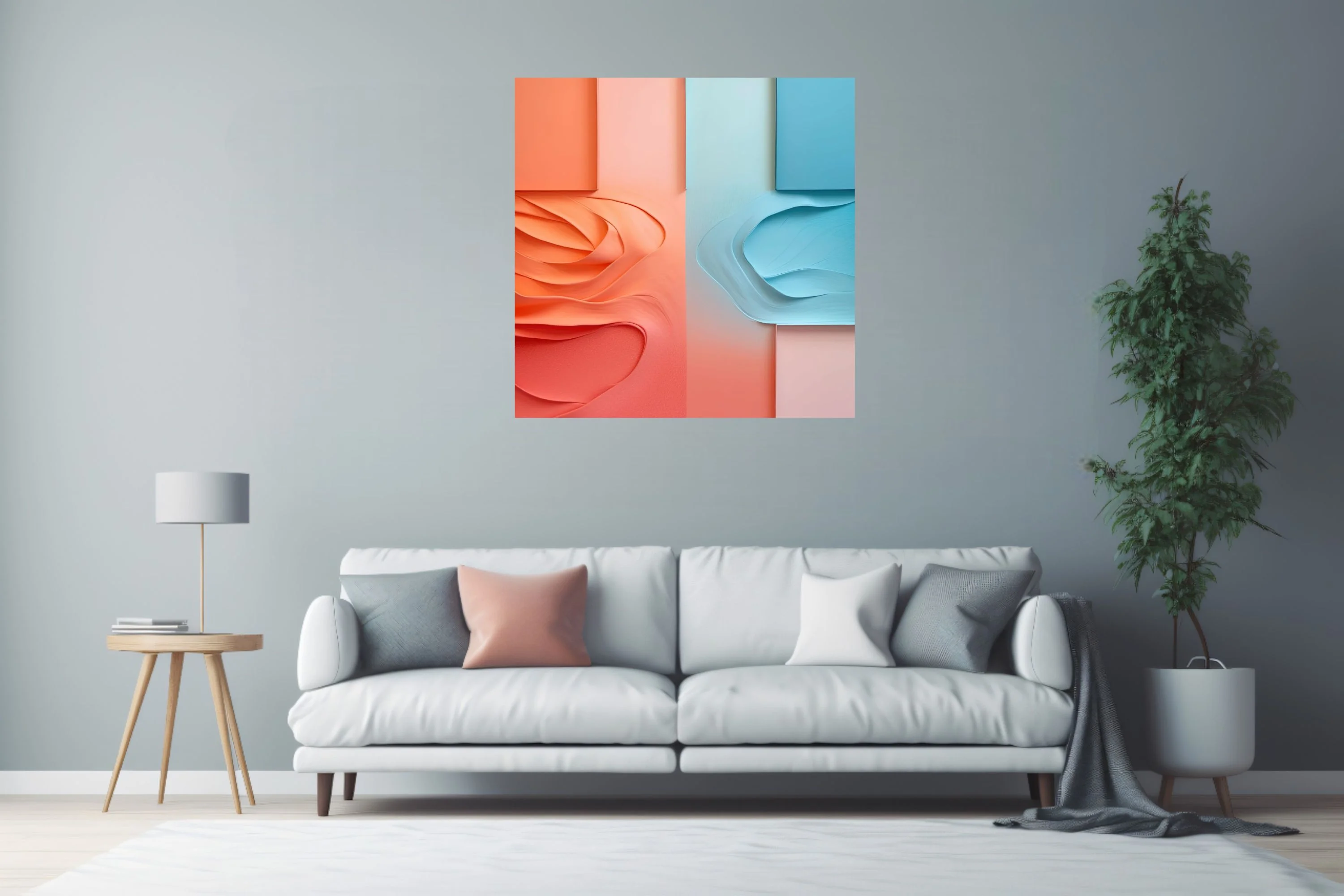 Abstract paper sculpture art coral orange and sky blue layered wave relief