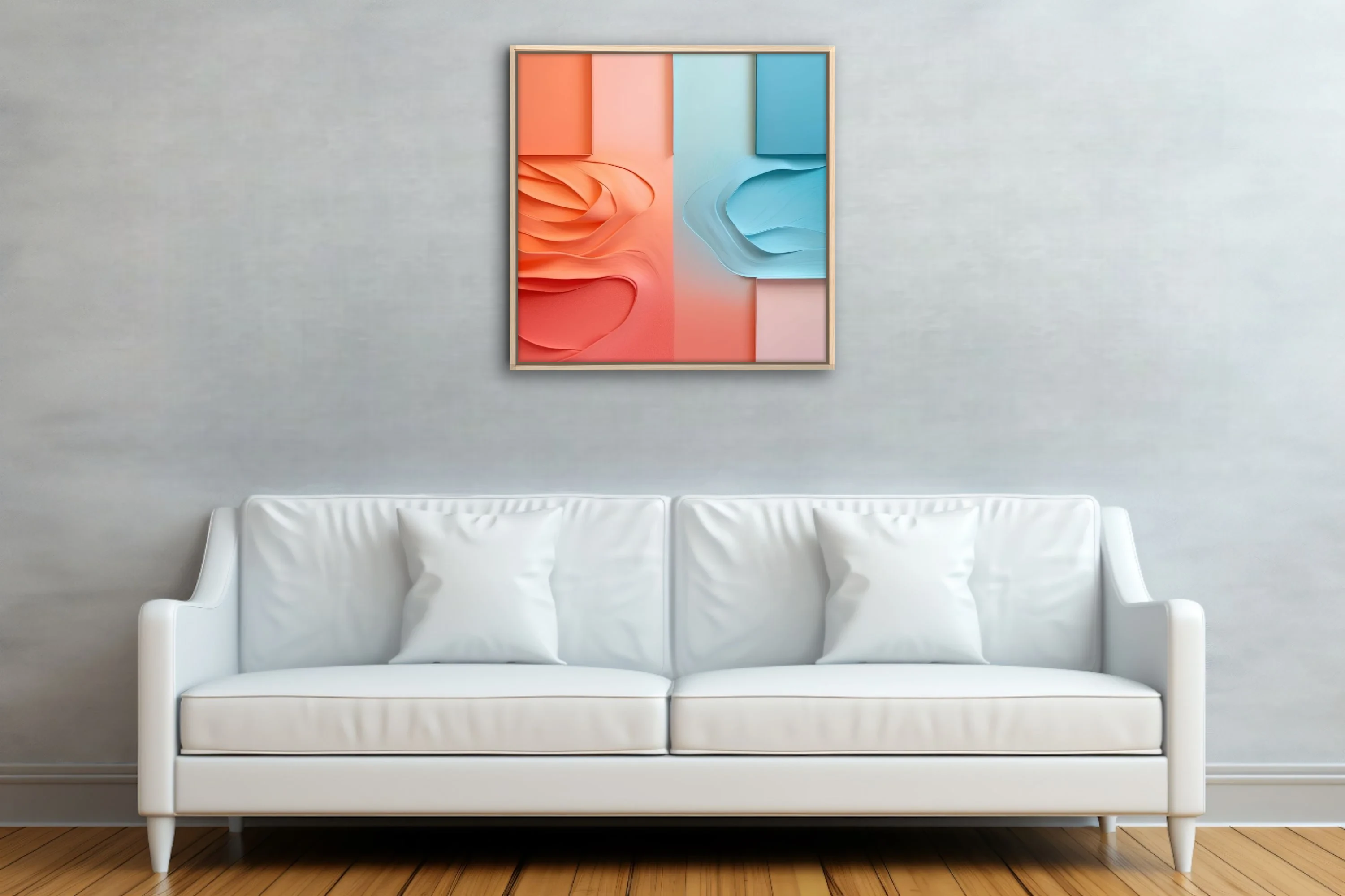 Abstract paper sculpture art coral orange and sky blue layered wave relief