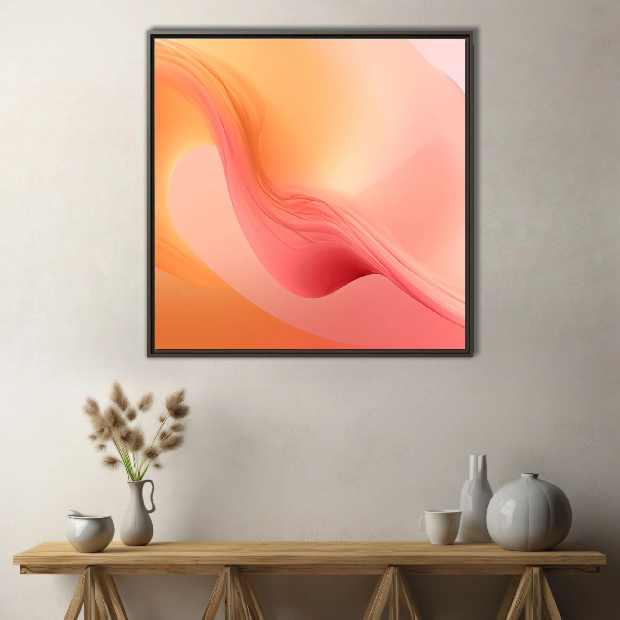Abstract fluid gradient art in peach coral and amber with glowing rose shadows