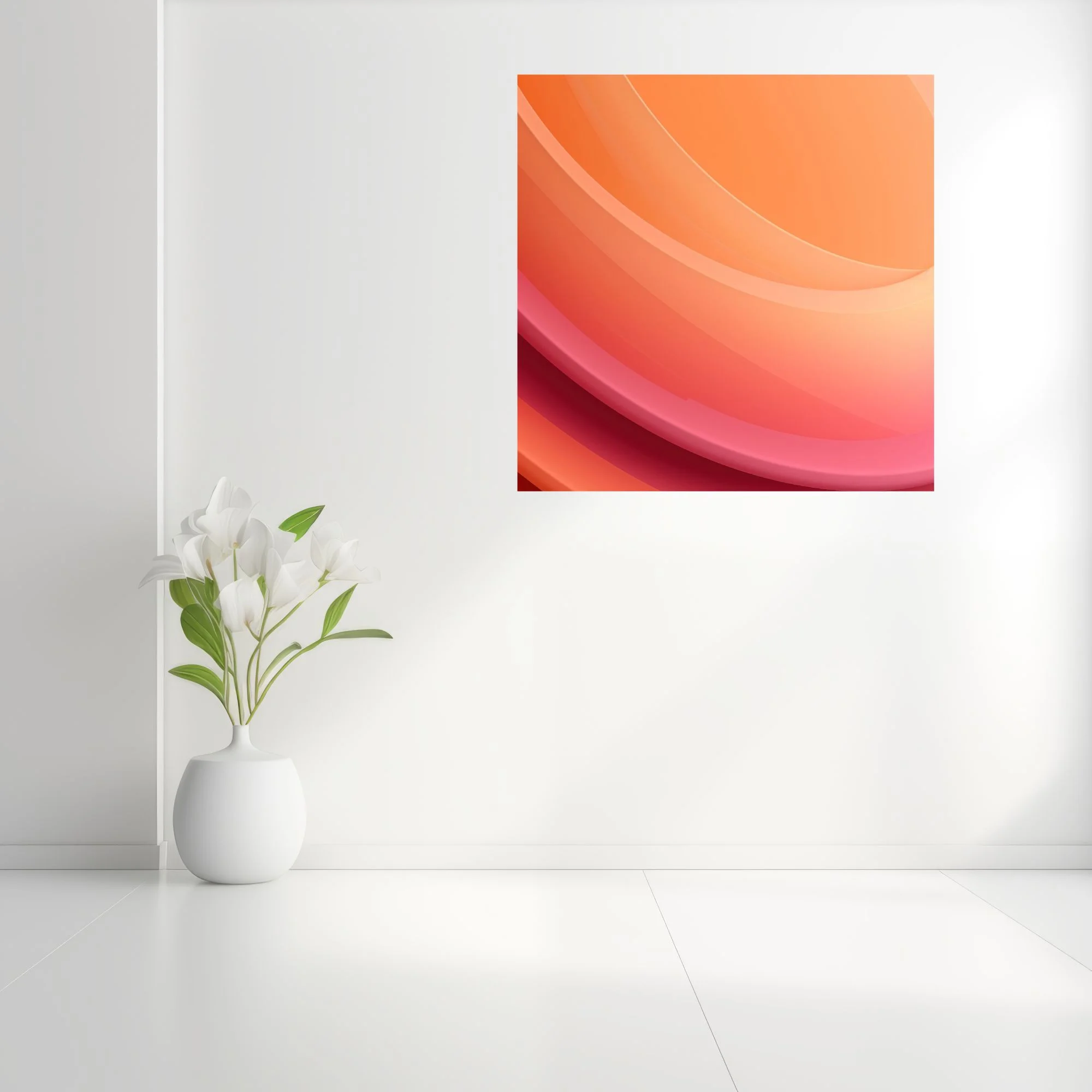 Abstract gradient wall art with layered curves in peach, coral, and magenta tones