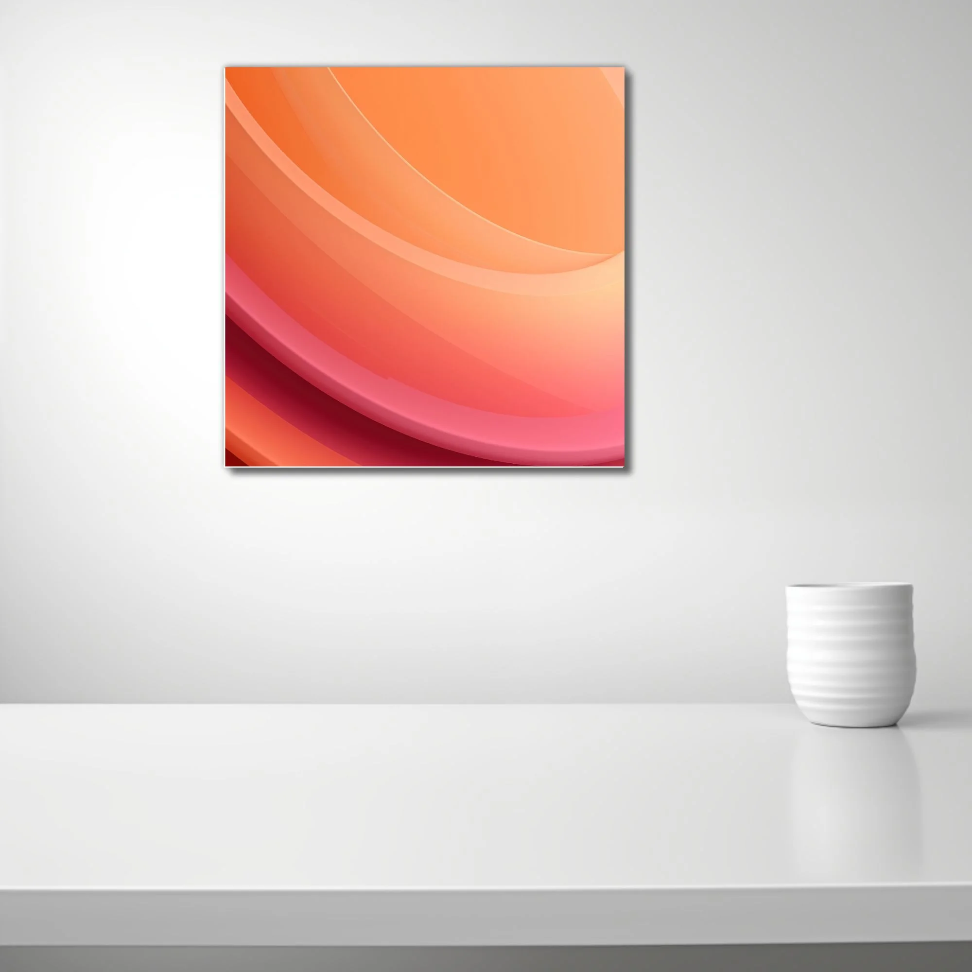 Abstract gradient wall art with layered curves in peach, coral, and magenta tones
