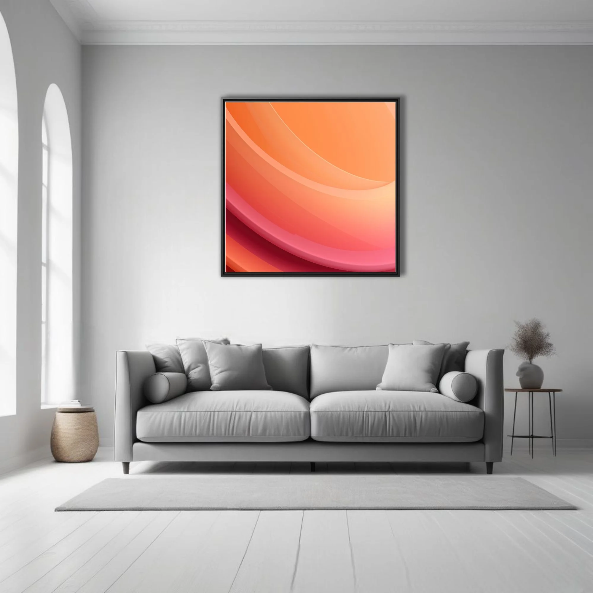 Abstract gradient wall art with layered curves in peach, coral, and magenta tones