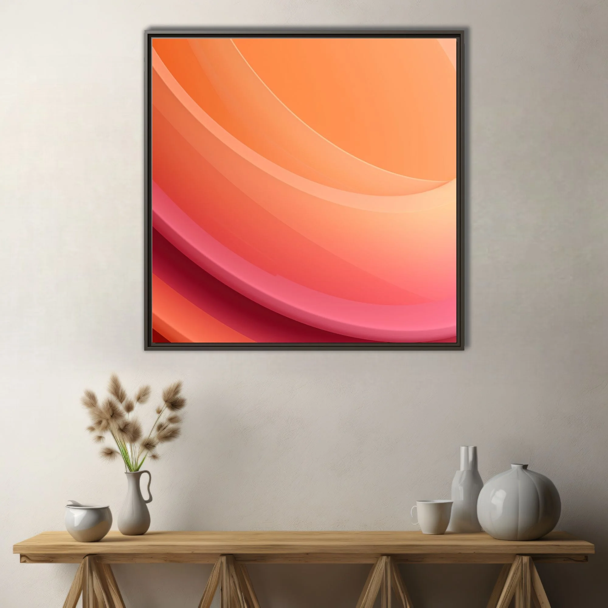 Abstract gradient wall art with layered curves in peach, coral, and magenta tones
