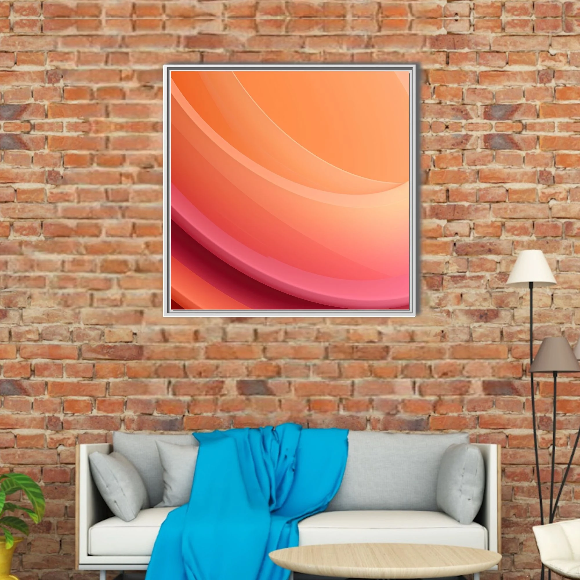 Abstract gradient wall art with layered curves in peach, coral, and magenta tones