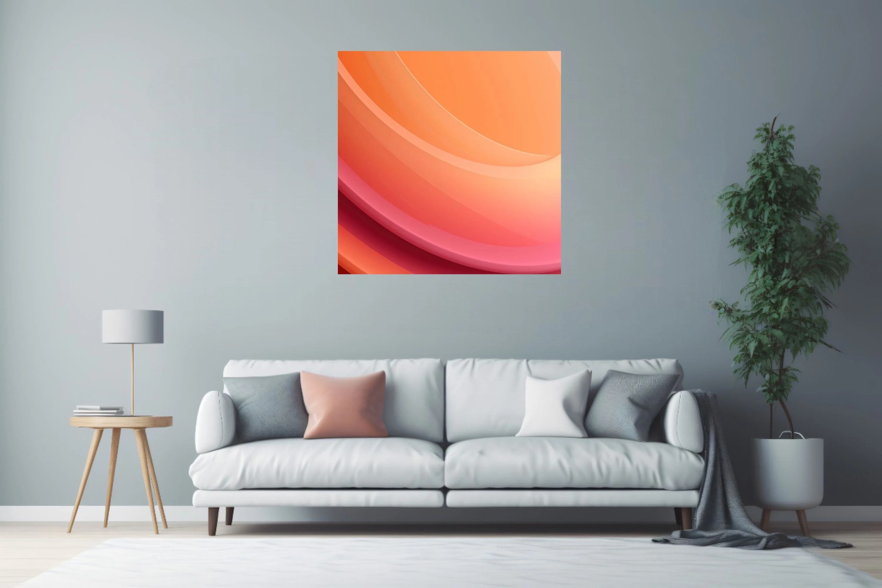 Abstract gradient wall art with layered curves in peach, coral, and magenta tones