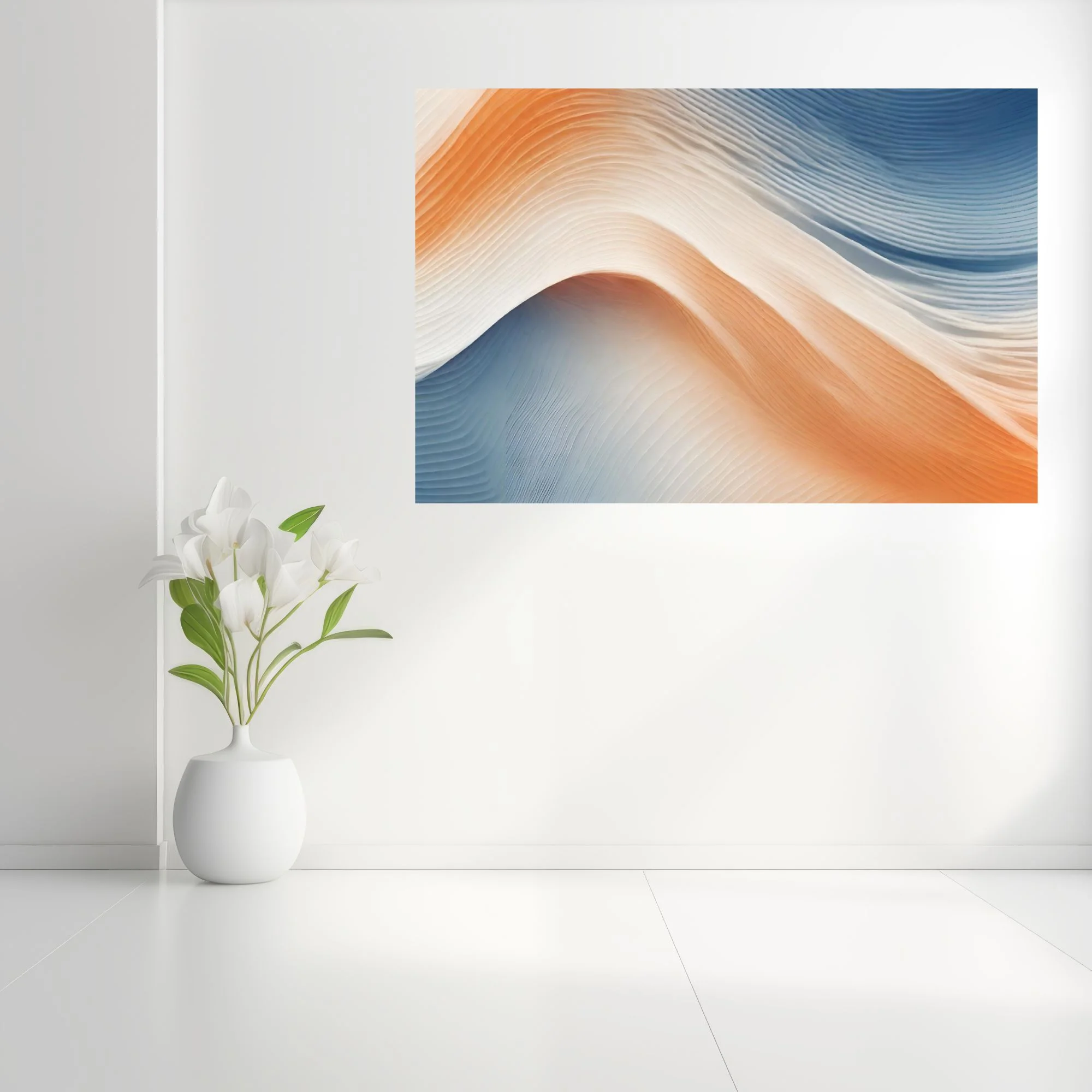 Minimalist abstract wave art in peach cream and steel blue with ridged texture