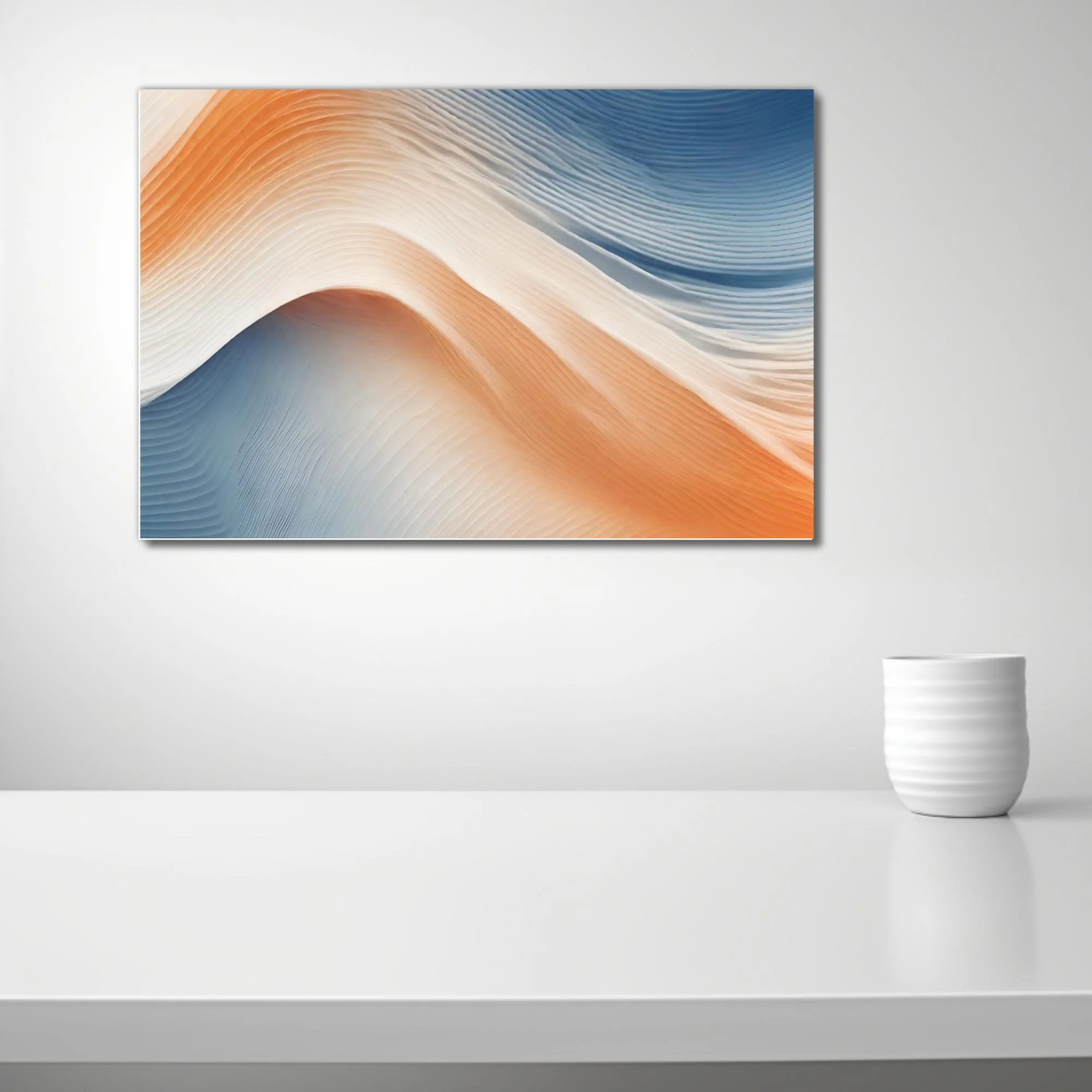 Minimalist abstract wave art in peach cream and steel blue with ridged texture