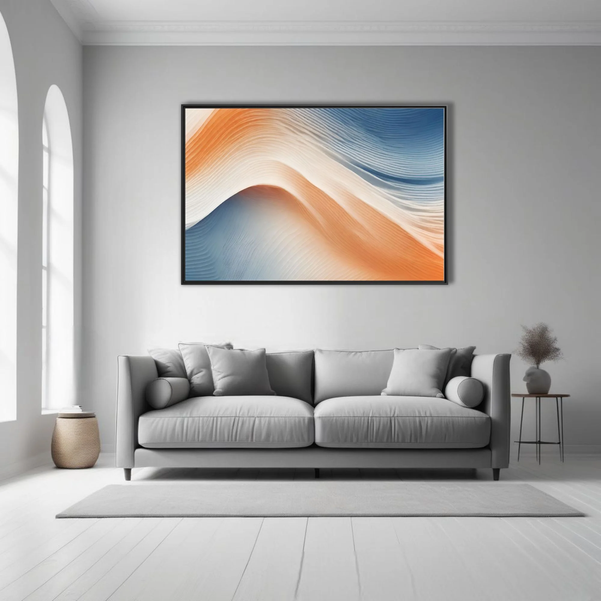 Minimalist abstract wave art in peach cream and steel blue with ridged texture