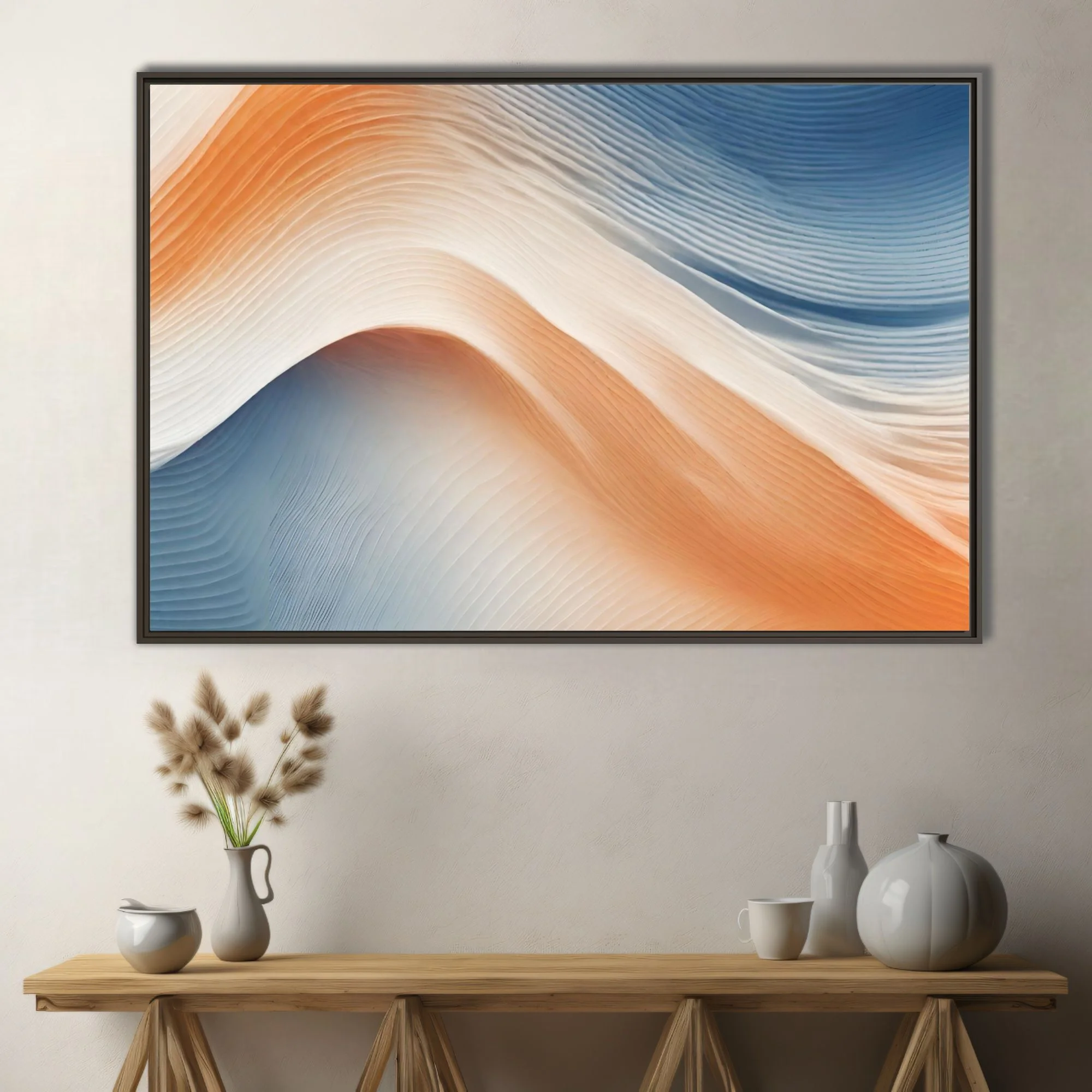 Minimalist abstract wave art in peach cream and steel blue with ridged texture