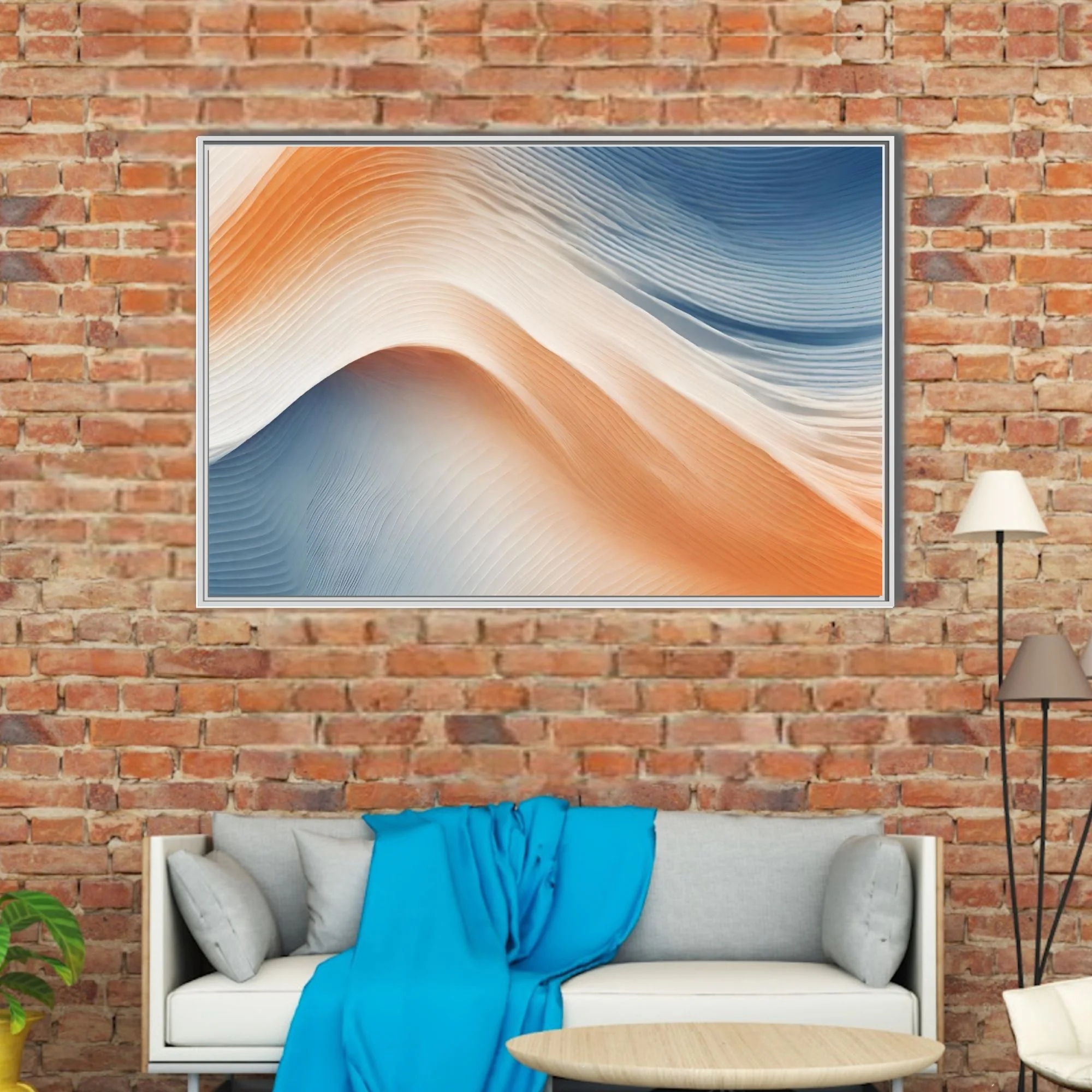 Minimalist abstract wave art in peach cream and steel blue with ridged texture