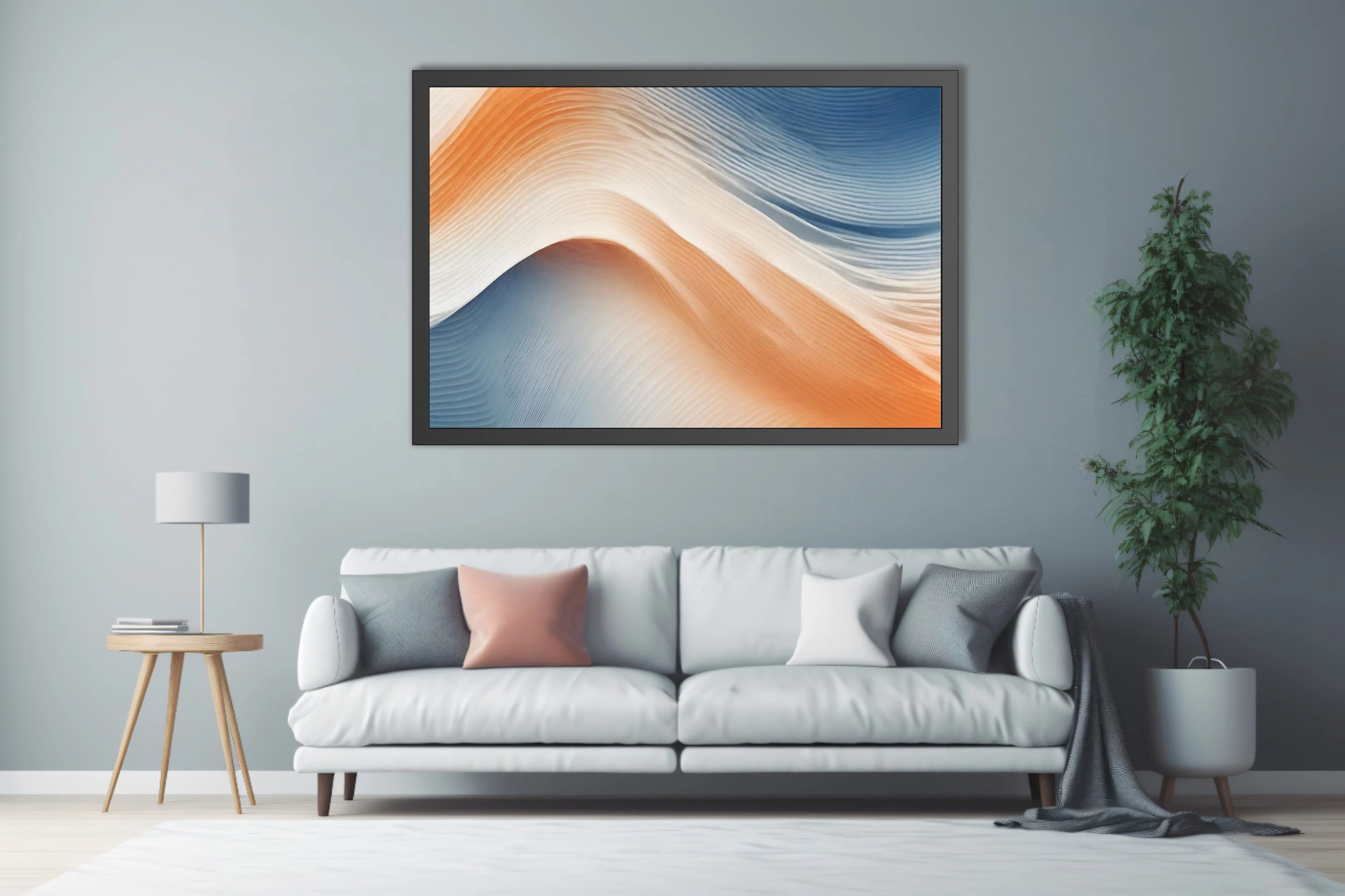 Minimalist abstract wave art in peach cream and steel blue with ridged texture